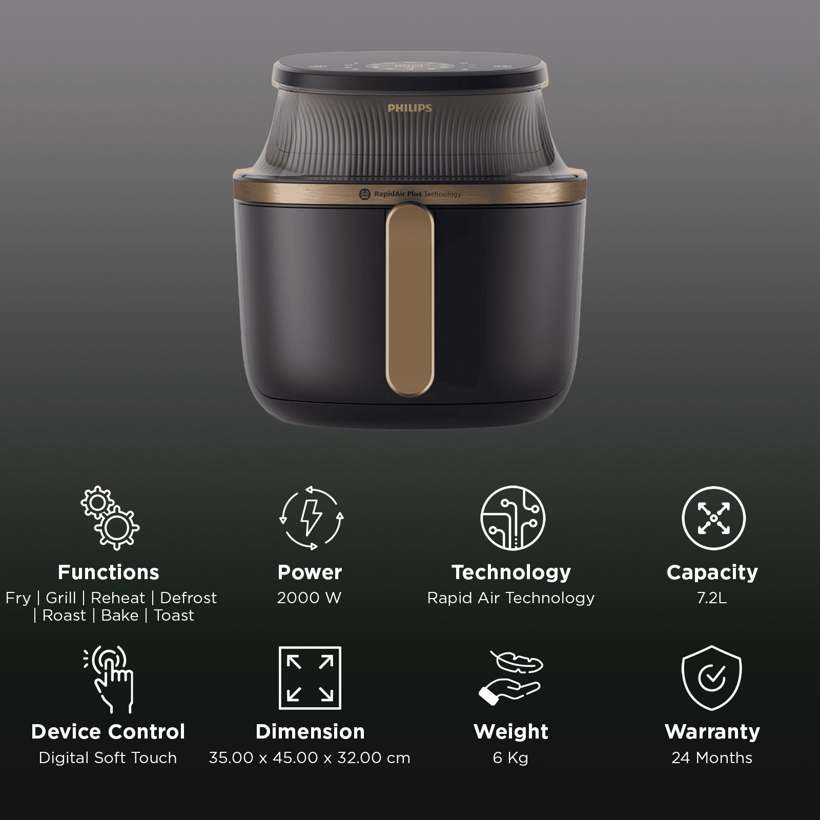 Philips 3000 Series 7.2L 2000 Watt Digital Air Fryer with RapidAir Plus Technology (Black & Copper) Philips 3000 Series 7.2L 2000 Watt Digital Air Fryer with RapidAir Plus Technology (Black & Copper)_3