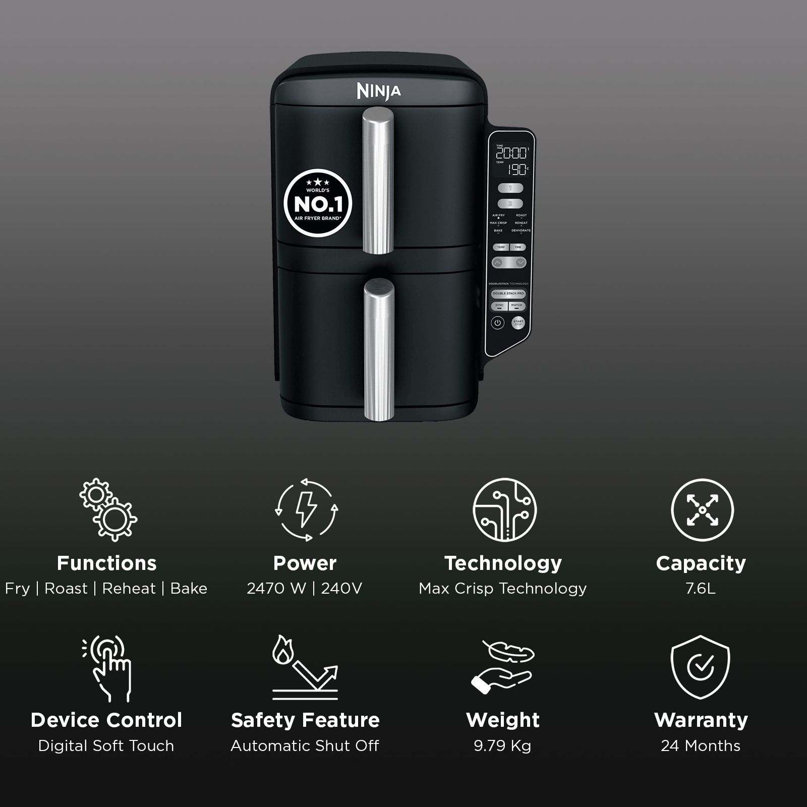 Ninja Double Stack 7.6L 2470 Watt Digital Air Fryer with Max Crisp Technology (Black) Ninja Double Stack 7.6L 2470 Watt Digital Air Fryer with Max Crisp Technology (Black)_3