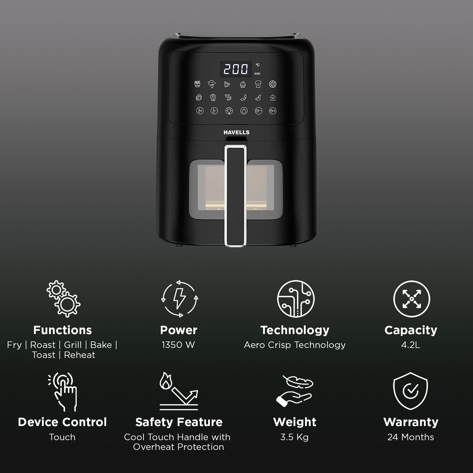 Havells Prolife Vista 4.2L 1350 Watt Digital Air Fryer with Aero Crisp Technology (Black) Havells Prolife Vista 4.2L 1350 Watt Digital Air Fryer with Aero Crisp Technology (Black)_3