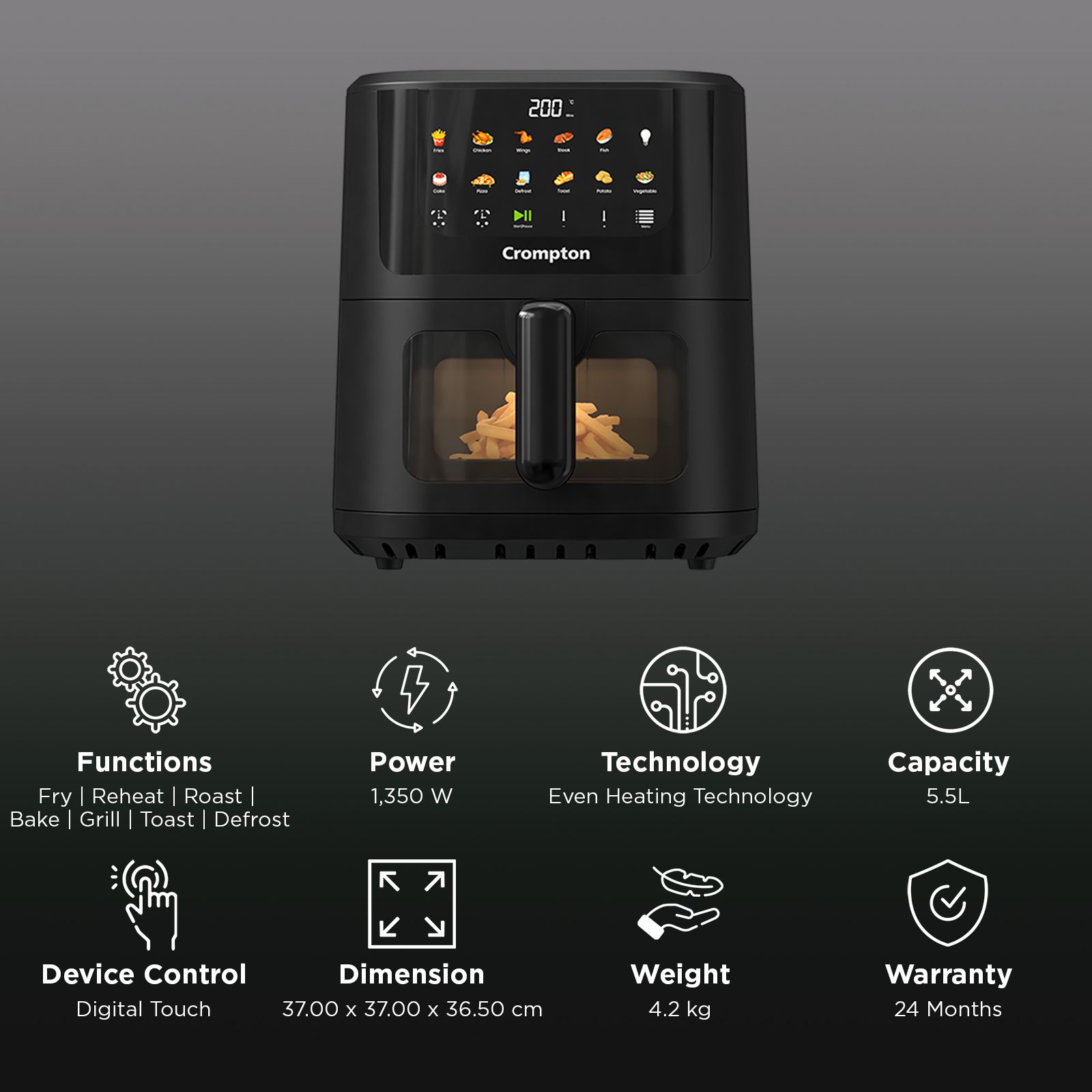 Crompton AMEO PRO 5.5L 1350 Watt Digital Air Fryer with 11 Preset Menus (Black) Crompton AMEO PRO 5.5L 1350 Watt Digital Air Fryer with 11 Preset Menus (Black)_3