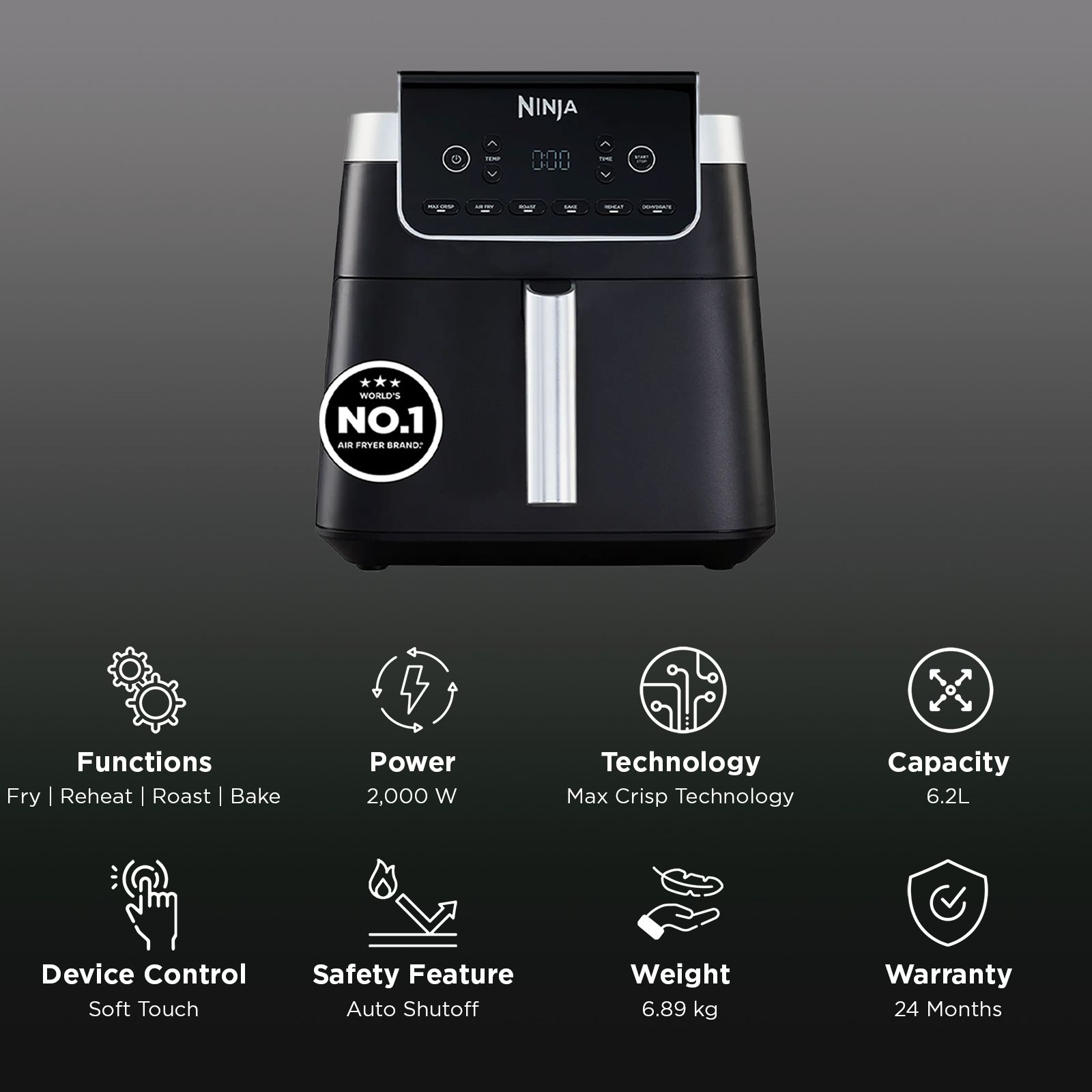 NINJA MAX PRO 6.2L 2000 Watt Digital Air Fryer with 6 Cooking Functions (Black) NINJA MAX PRO 6.2L 2000 Watt Digital Air Fryer with 6 Cooking Functions (Black)_3