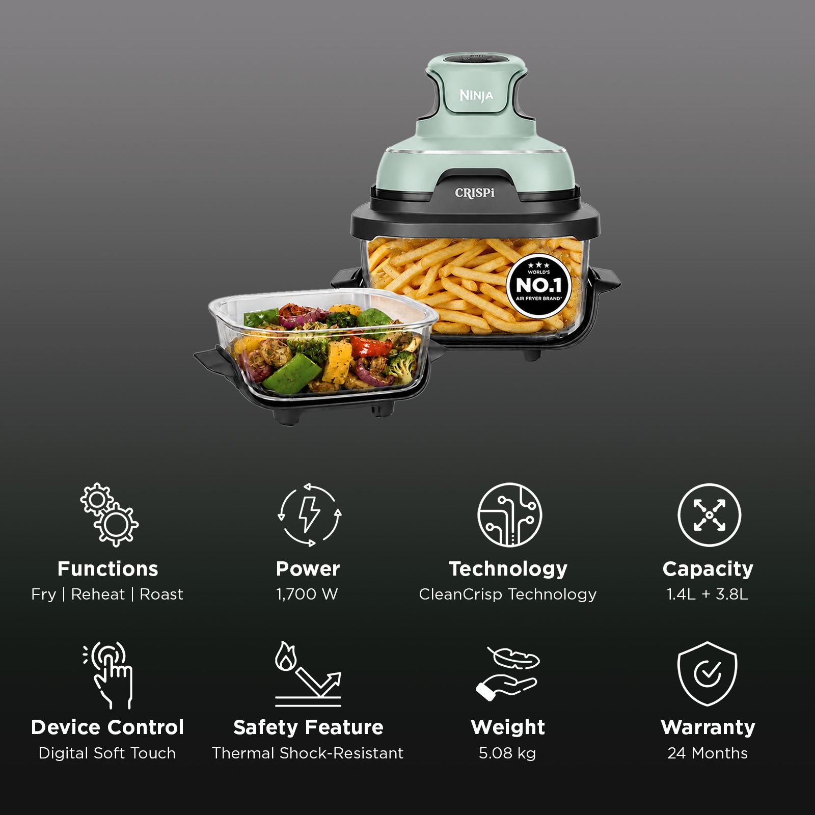 NINJA Crispi Dual Container (1.4L & 3.8L) 1700 Watt Digital Air Fryer with CleanCrisp Technology (Sage Green) NINJA Crispi Dual Container (1.4L & 3.8L) 1700 Watt Digital Air Fryer with CleanCrisp Technology (Sage Green)_3