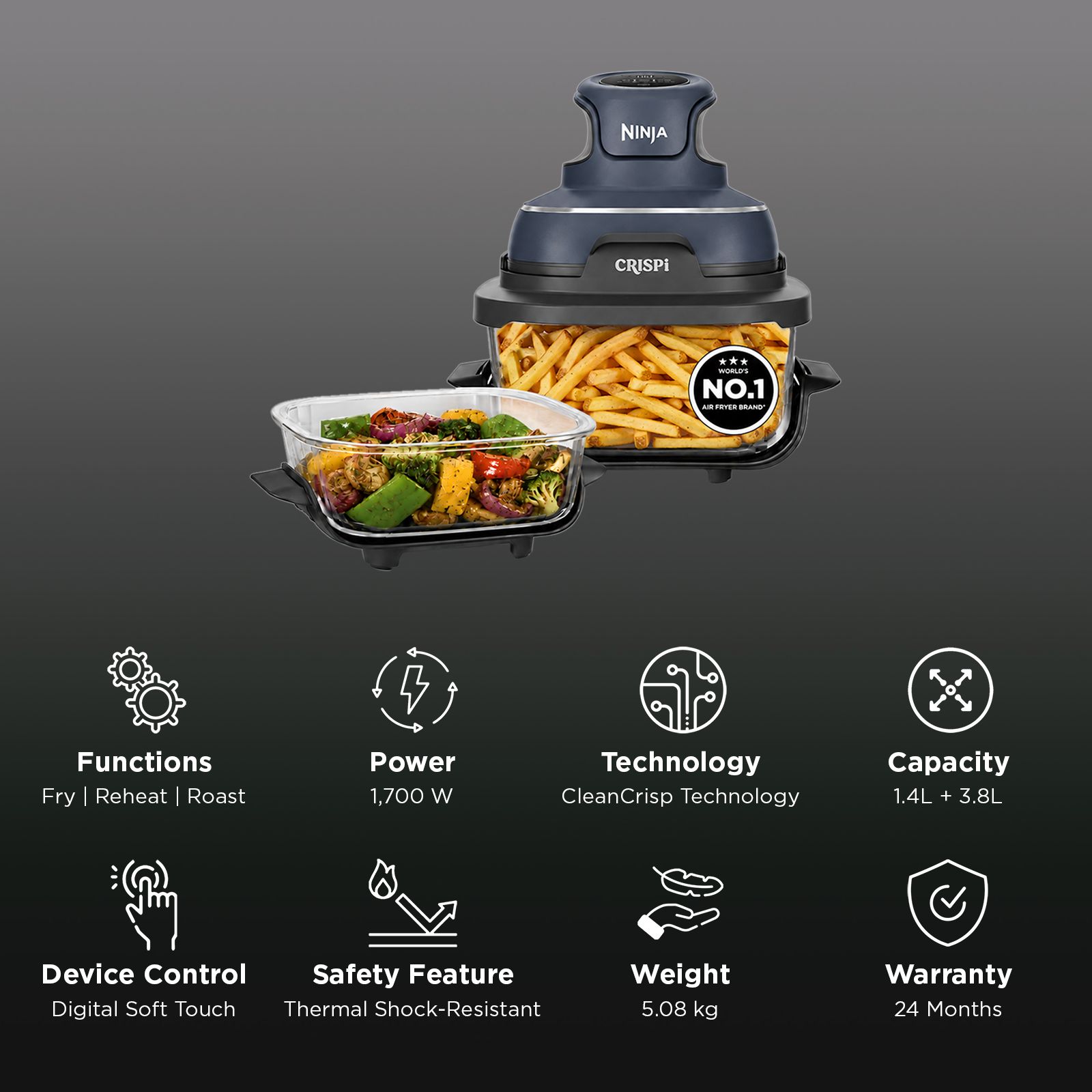 NINJA Crispi Dual Container (1.4L & 3.8L) 1700 Watt Digital Air Fryer with CleanCrisp Technology (Cyberspace Blue) NINJA Crispi Dual Container (1.4L & 3.8L) 1700 Watt Digital Air Fryer with CleanCrisp Technology (Cyberspace Blue)_2