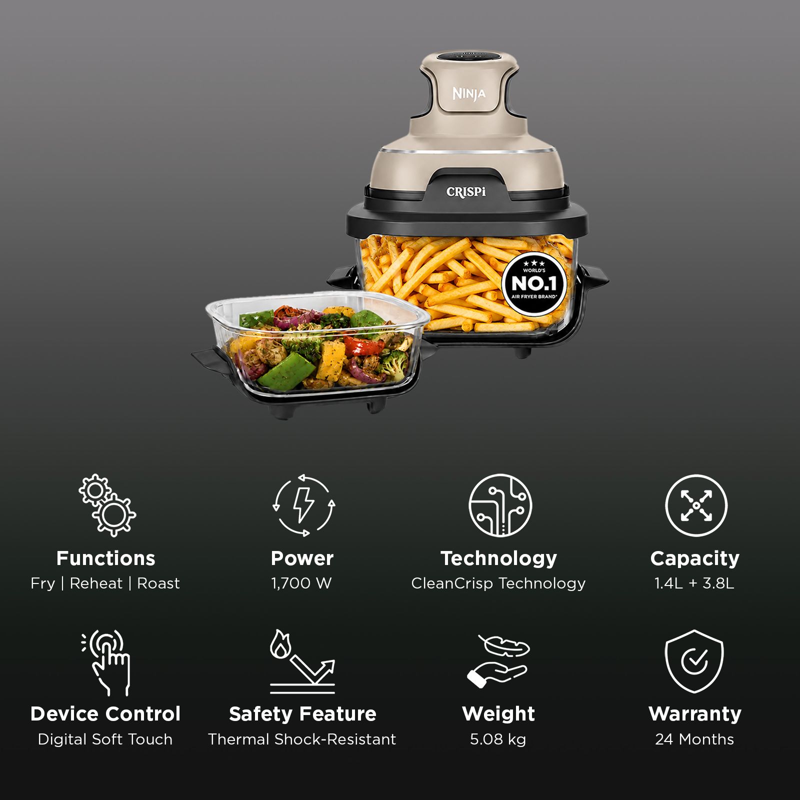 NINJA Crispi Dual Container (1.4L & 3.8L) 1700 Watt Digital Air Fryer with CleanCrisp Technology (Stone Gold) NINJA Crispi Dual Container (1.4L & 3.8L) 1700 Watt Digital Air Fryer with CleanCrisp Technology (Stone Gold)_2