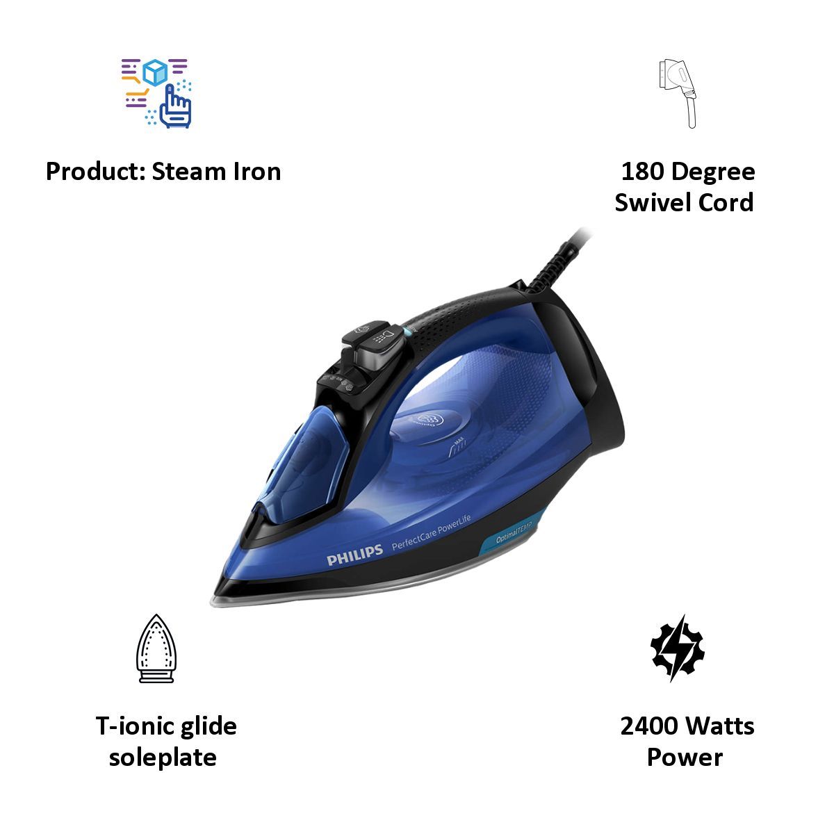 PHILIPS PerfectCare 2400 Watts 300ml Steam Iron (OptimalTEMP Technology, Blue) PHILIPS PerfectCare 2400 Watts 300ml Steam Iron (OptimalTEMP Technology, Blue)_7