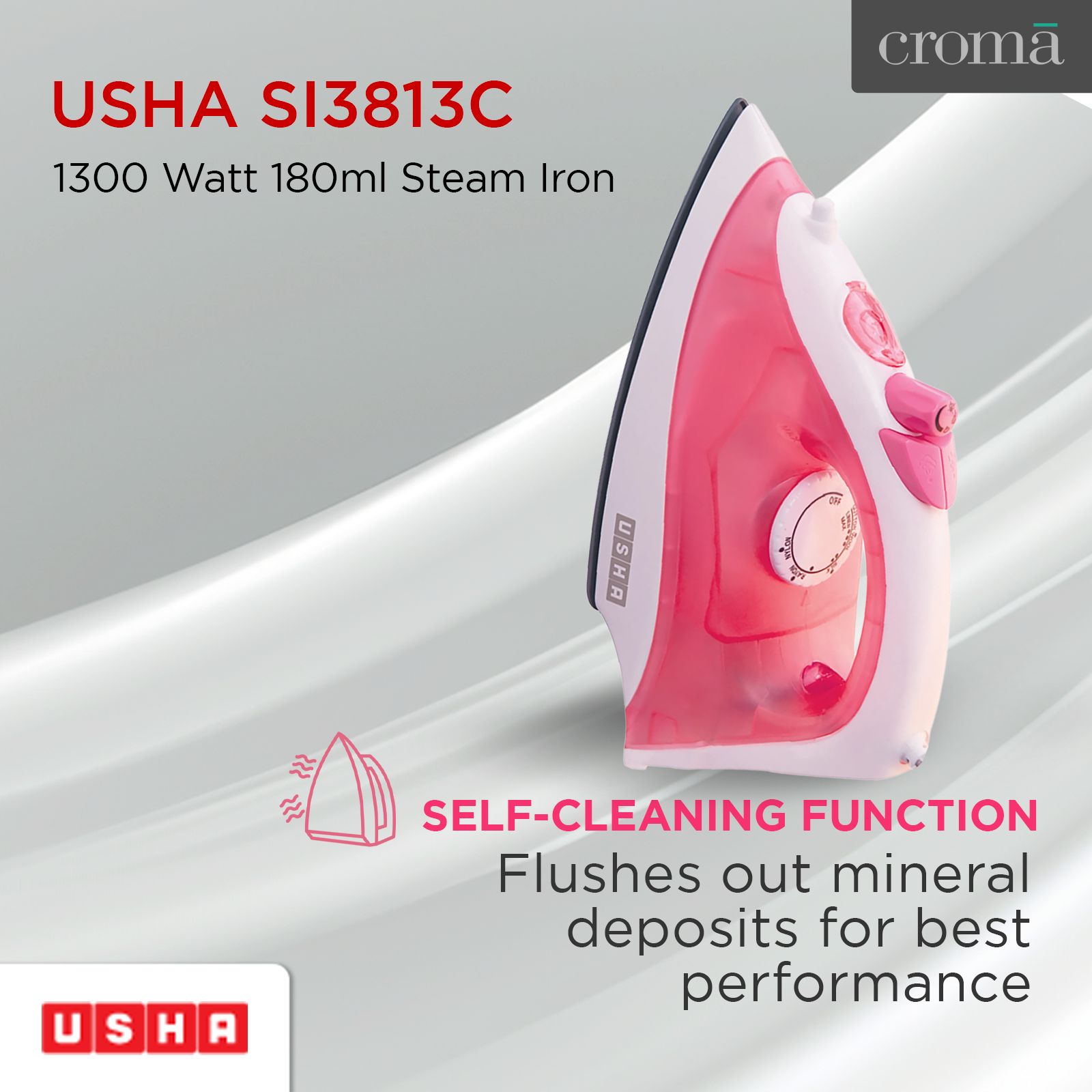 USHA SI 3813C 1300 Watts 180ml Steam Iron (360 Degree Swivel Cord, Pink) USHA SI 3813C 1300 Watts 180ml Steam Iron (360 Degree Swivel Cord, Pink)_4