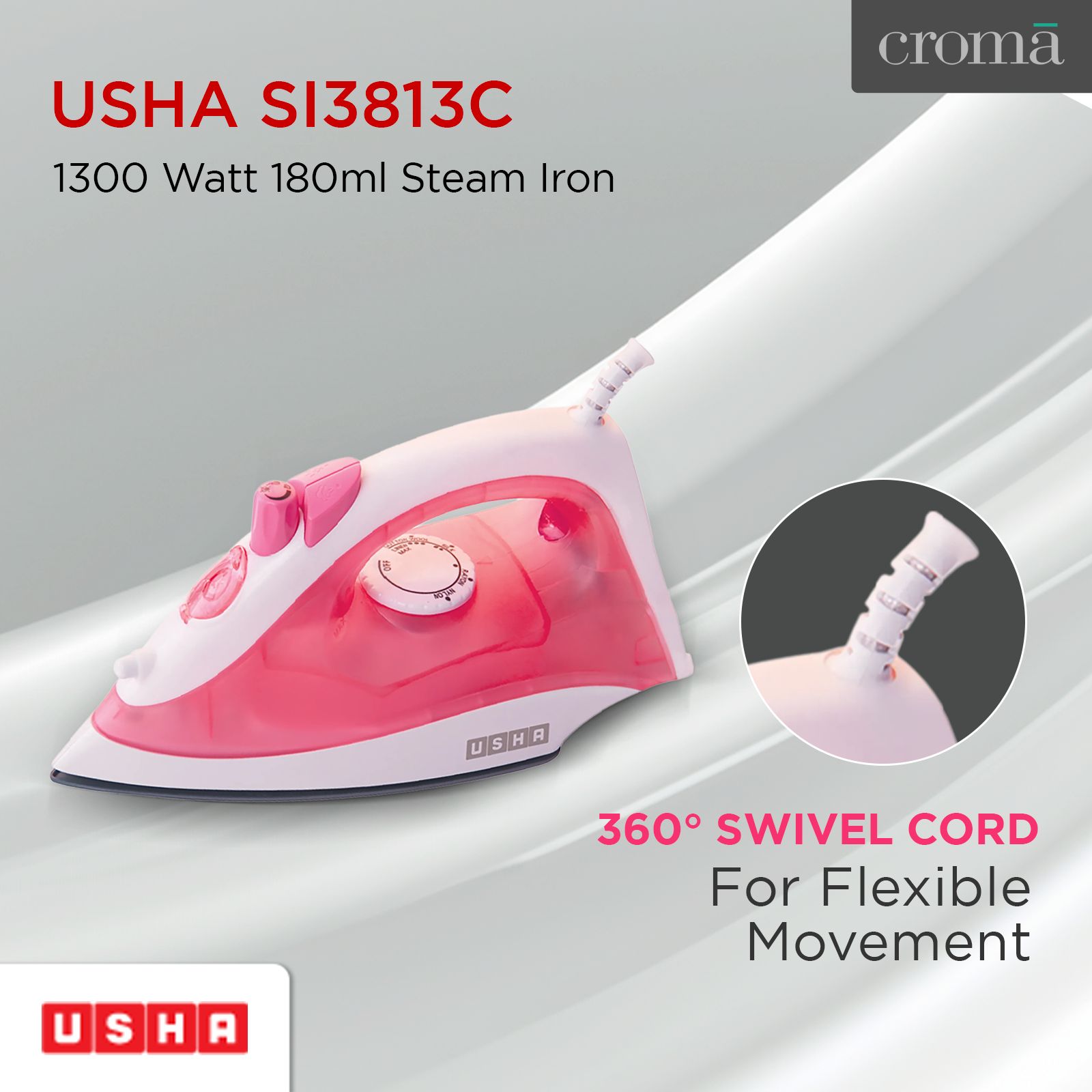 USHA SI 3813C 1300 Watts 180ml Steam Iron (360 Degree Swivel Cord, Pink) USHA SI 3813C 1300 Watts 180ml Steam Iron (360 Degree Swivel Cord, Pink)_5