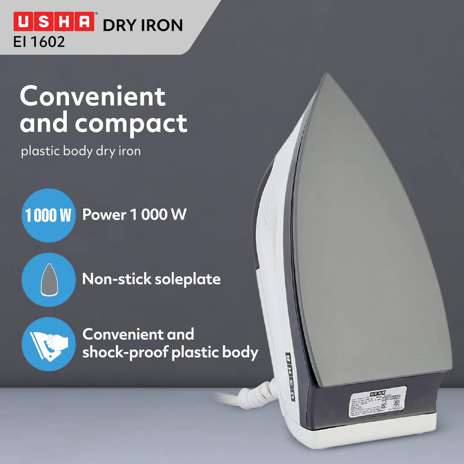 USHA EL 1602 1000 Watts Dry Iron (180 Degree Swivel Cord, White) USHA EL 1602 1000 Watts Dry Iron (180 Degree Swivel Cord, White)_4