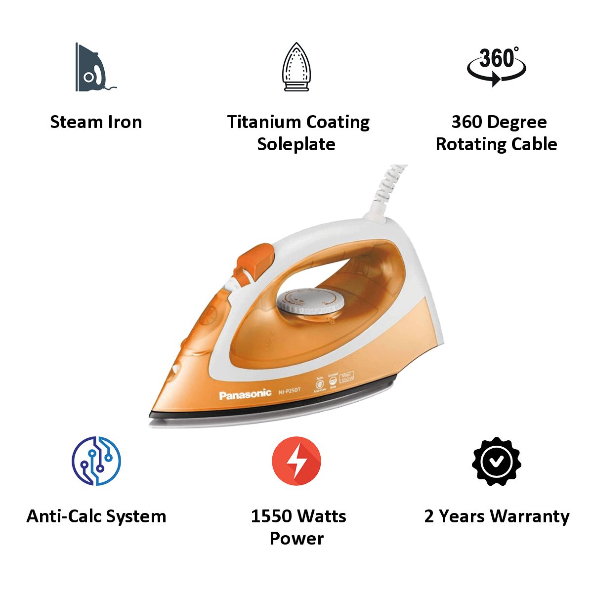 Panasonic 1550 Watt Steam Iron (NI-P250TTSM, Orange) Panasonic 1550 Watt Steam Iron (NI-P250TTSM, Orange)_6