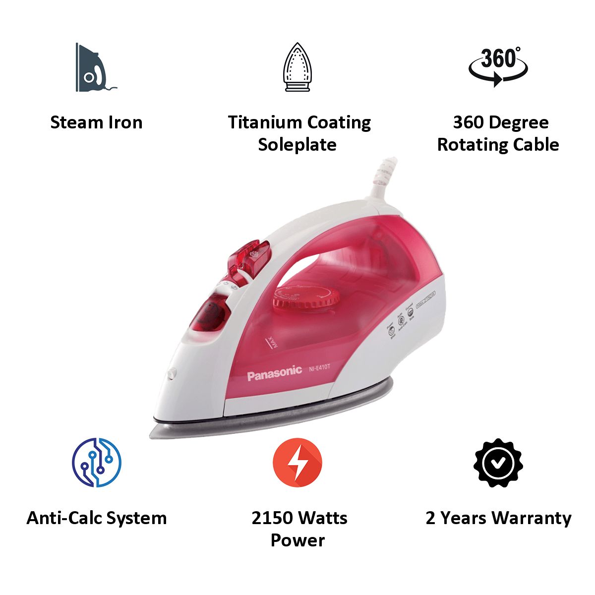 Panasonic NI-E410TRSM 2150 Watts 200ml Steam Iron (Anti-calc System, Red) Panasonic NI-E410TRSM 2150 Watts 200ml Steam Iron (Anti-calc System, Red)_5