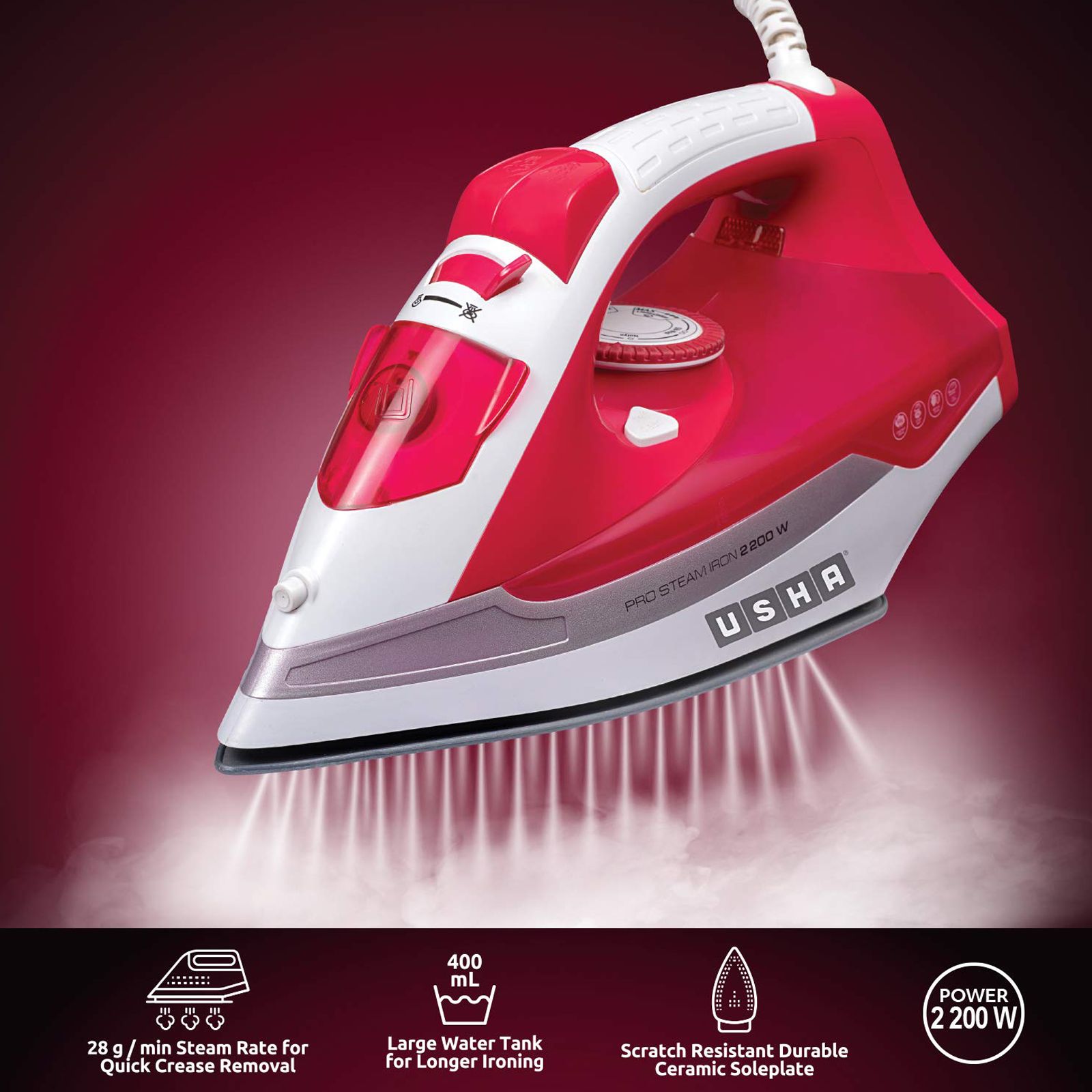 USHA Grand Jet 2200 Watts 400ml Steam Iron (Detachable Water Tank, GJ2200CS, Pink) USHA Grand Jet 2200 Watts 400ml Steam Iron (Detachable Water Tank, GJ2200CS, Pink)_8