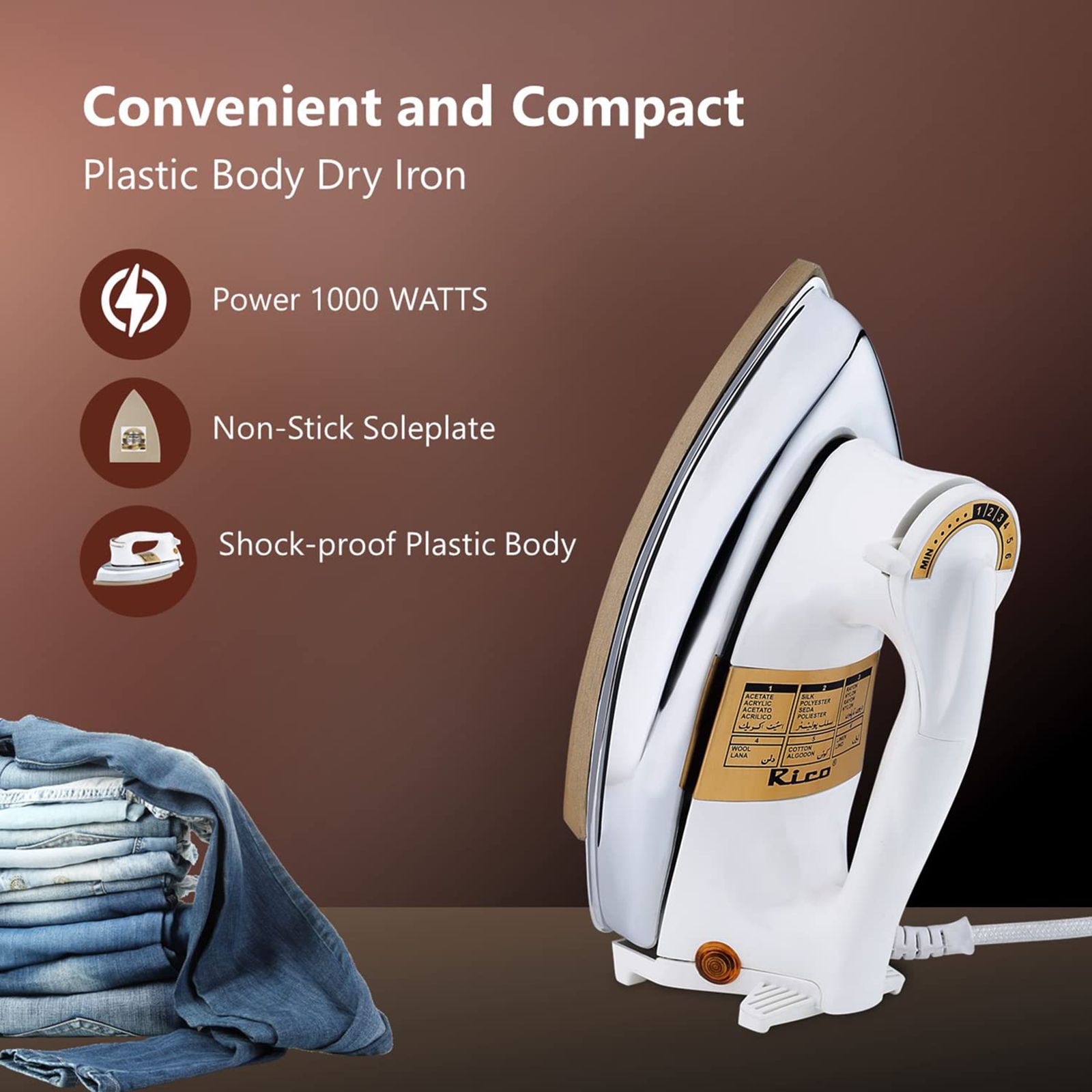 Rico AI13 1000 Watts Dry Iron (Heavy Weight 2kg, White/Silver)_3
