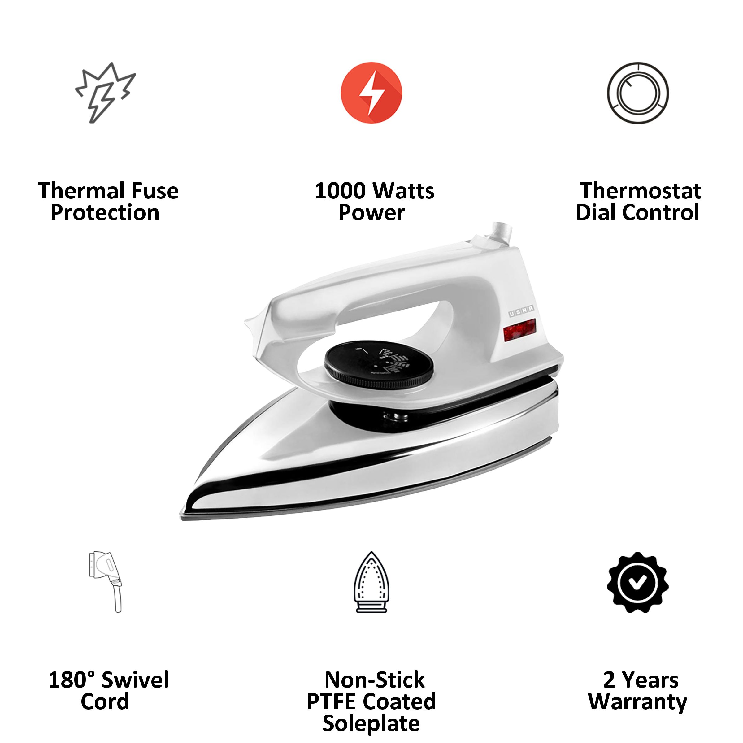 USHA El 2802 1000 Watts Dry Iron (Non Stick Soleplate, White)_3