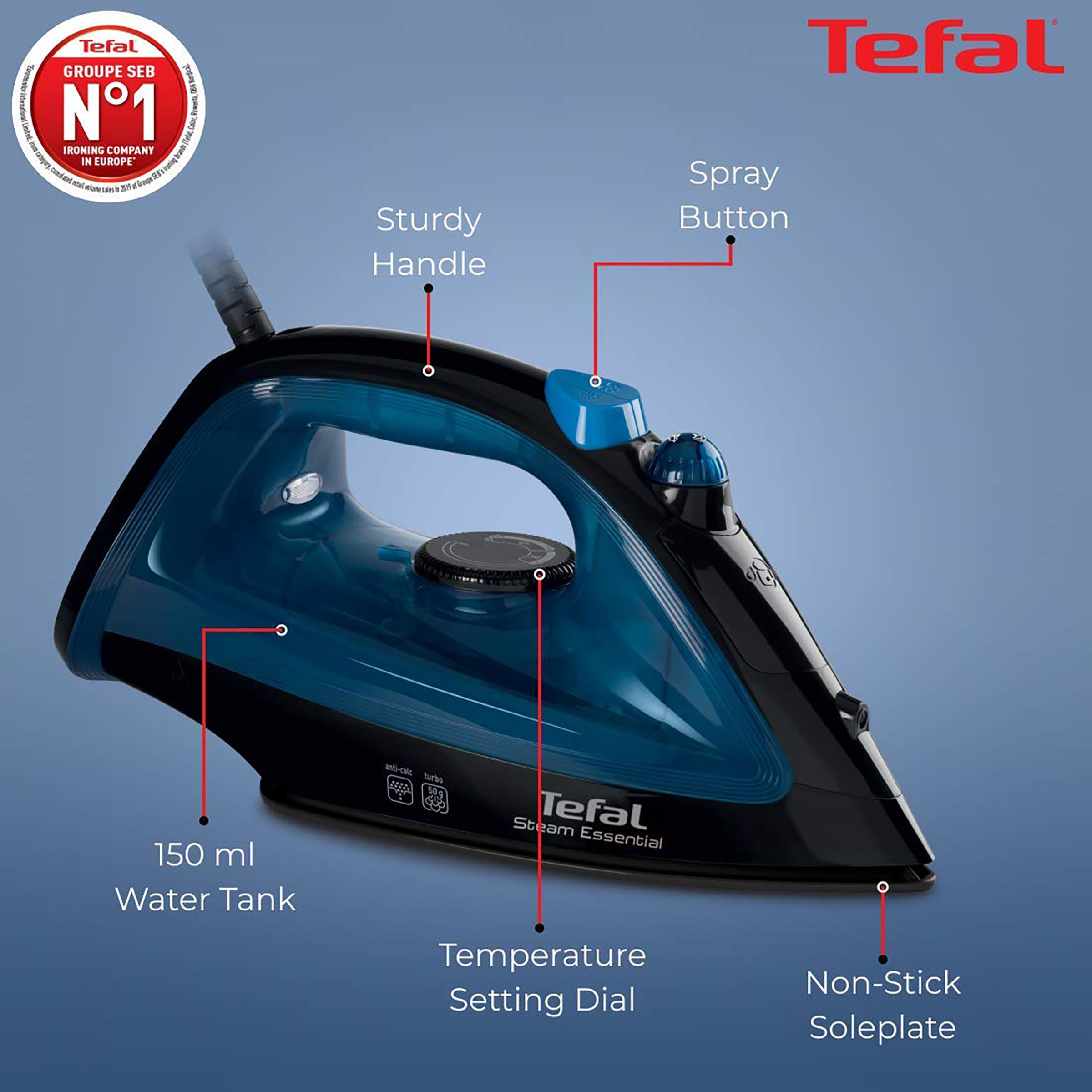 Tefal Steam Essential 1200 Watts 150ml Steam Iron (Anti-Drip Feature, Blue) Tefal Steam Essential 1200 Watts 150ml Steam Iron (Anti-Drip Feature, Blue)_5