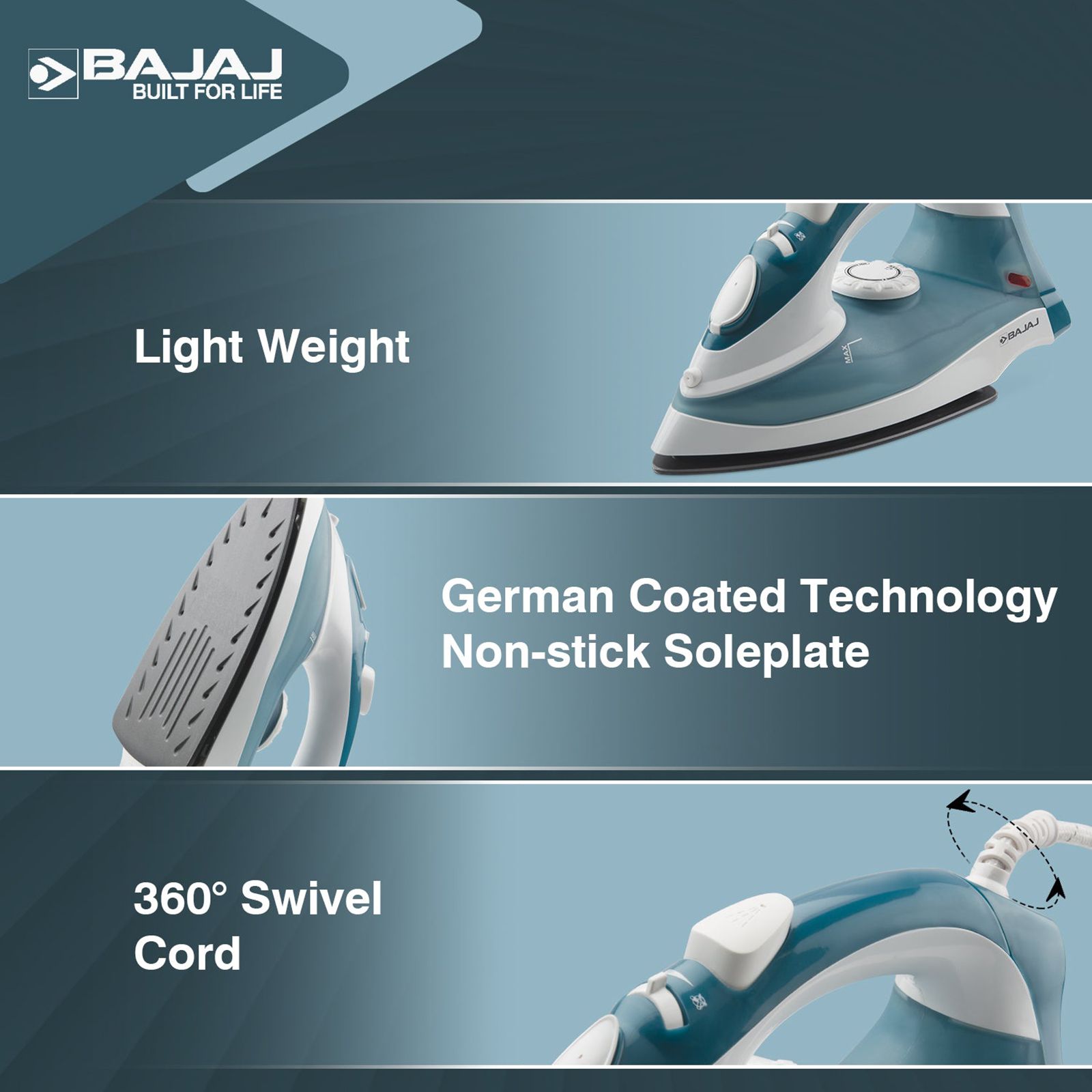 BAJAJ MX 3 Neo 1250 Watts 180ml Steam Iron (Auto Temperature Control Technology, Blue & White) BAJAJ MX 3 Neo 1250 Watts 180ml Steam Iron (Auto Temperature Control Technology, Blue & White)_5