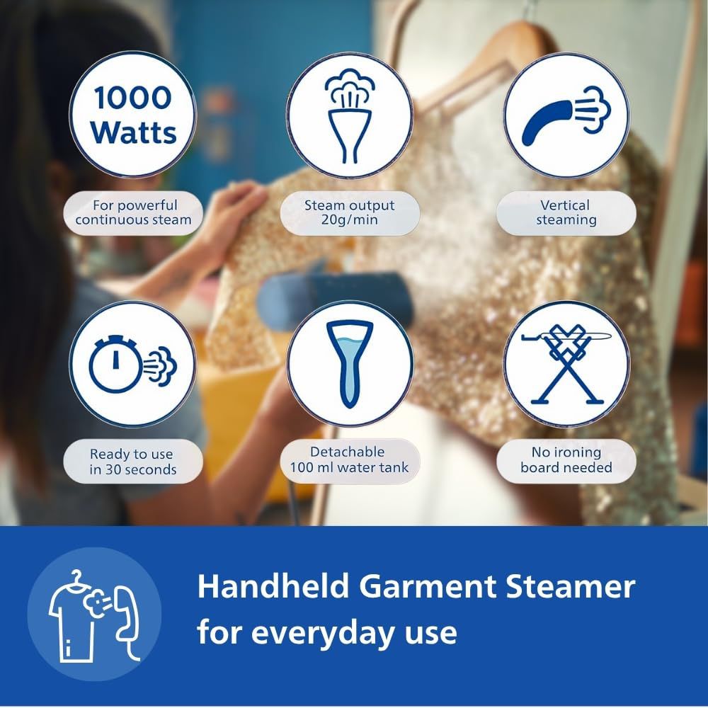 PHILIPS 3000 Series 1000 Watts Handheld Garment Steamer (100ml Water Tank, 1 Modes, Foldable, Reno Blue)_16