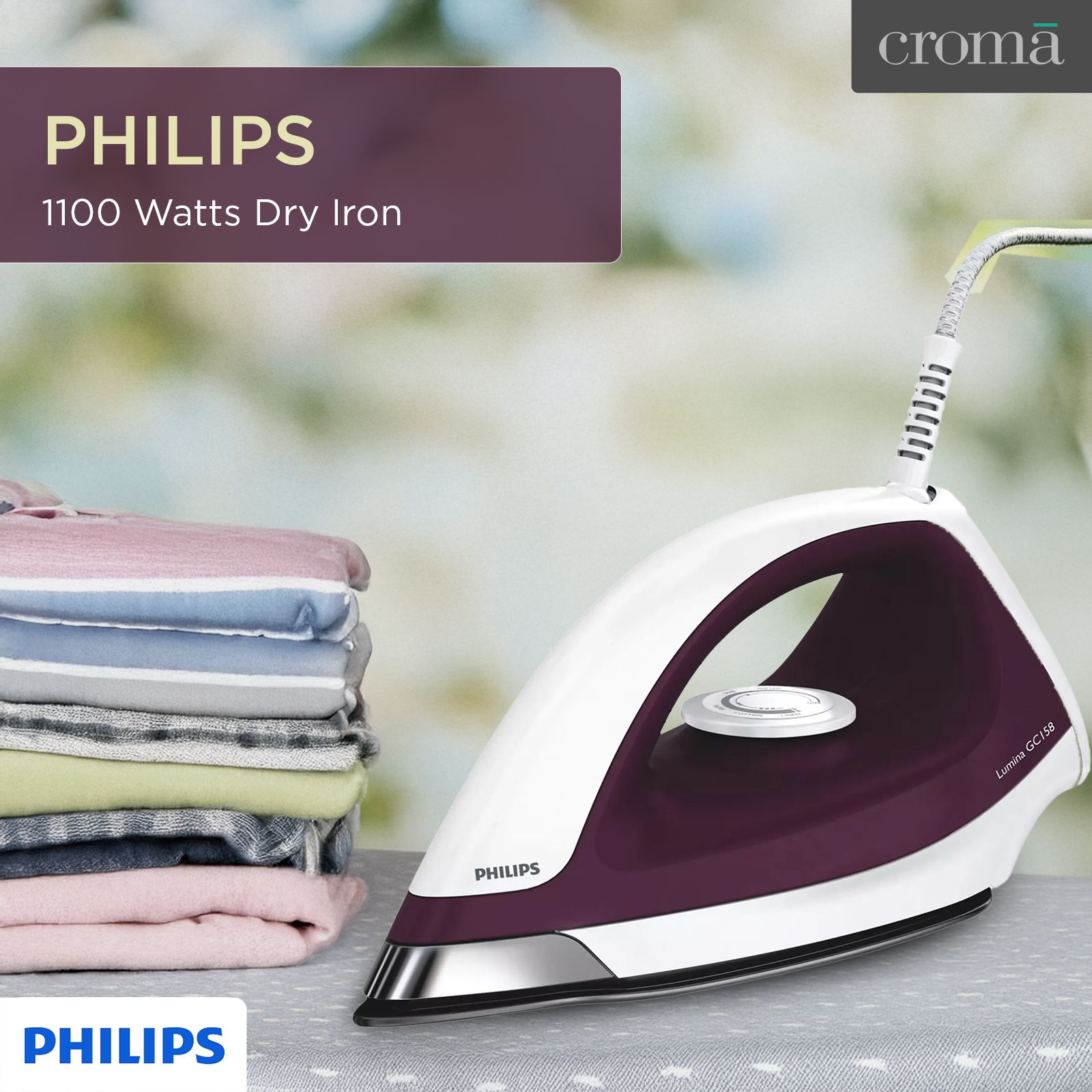 PHILIPS GC158/02 1100 Watts Dry Iron (Cast-in Soleplate Technology, Purple) PHILIPS GC158/02 1100 Watts Dry Iron (Cast-in Soleplate Technology, Purple)_2