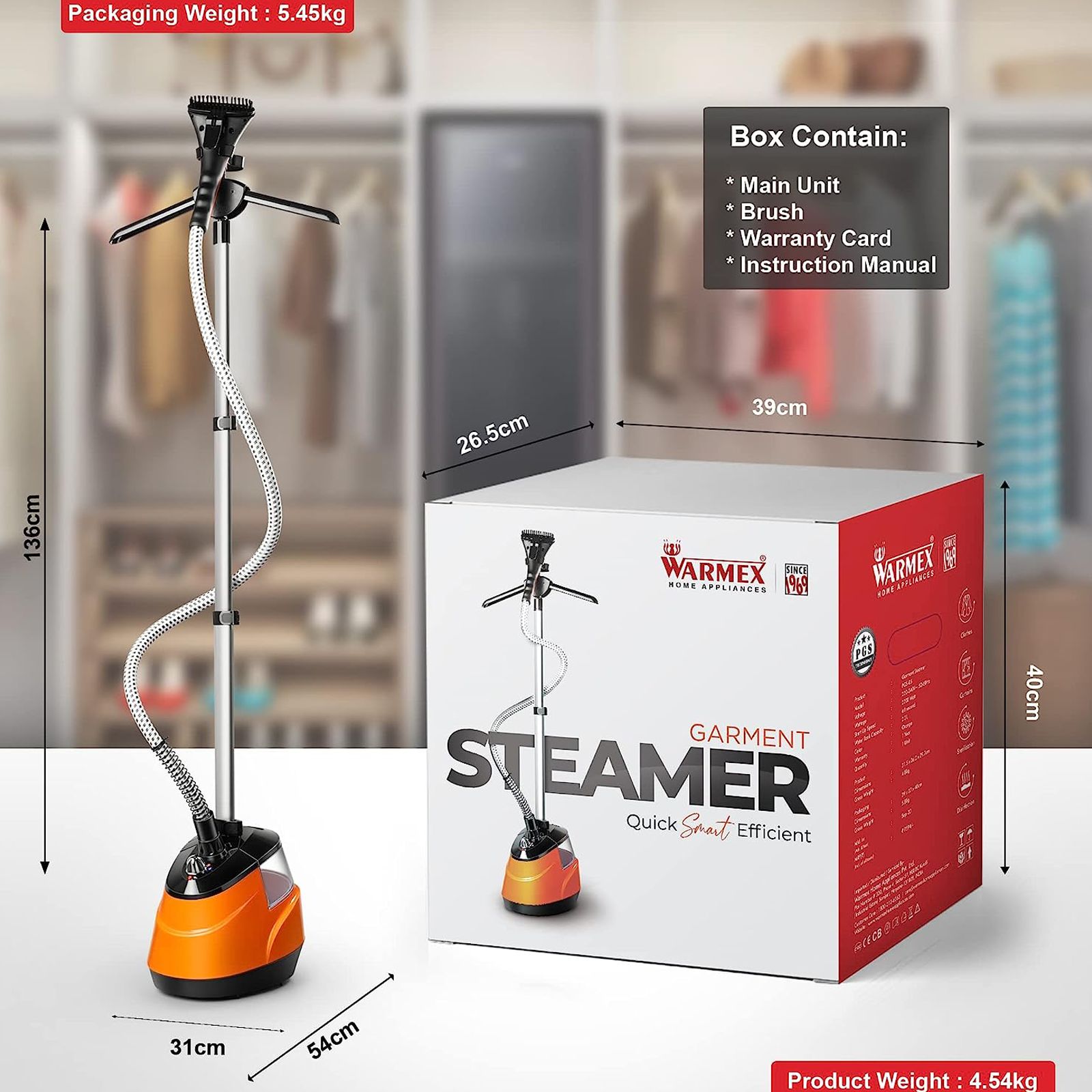 WARMEX 2200 Watts Standing Garment Steamer (2200ml Water Tank, 4 Modes, Indicator Light, Orange)_5