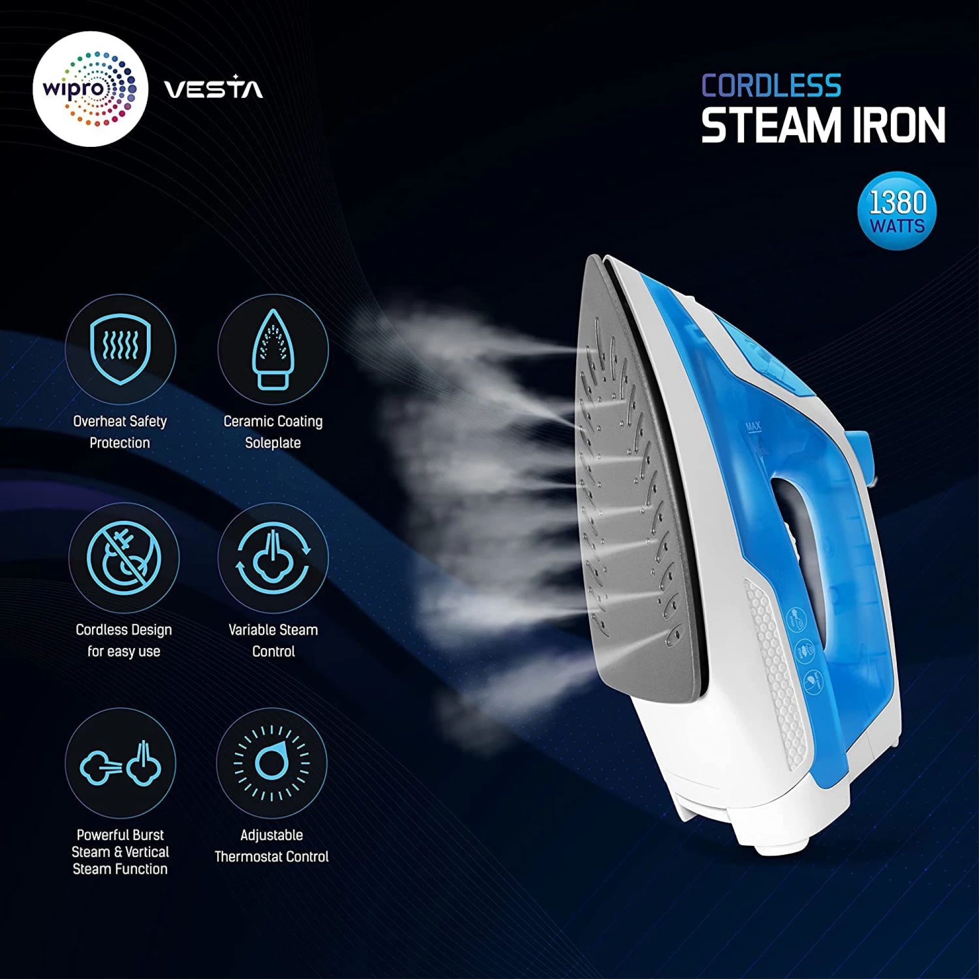 wipro Vesta 1380 Watts 200ml Steam Iron (Cordless Operation, VD051138, White and Light Blue) wipro Vesta 1380 Watts 200ml Steam Iron (Cordless Operation, VD051138, White and Light Blue)_3