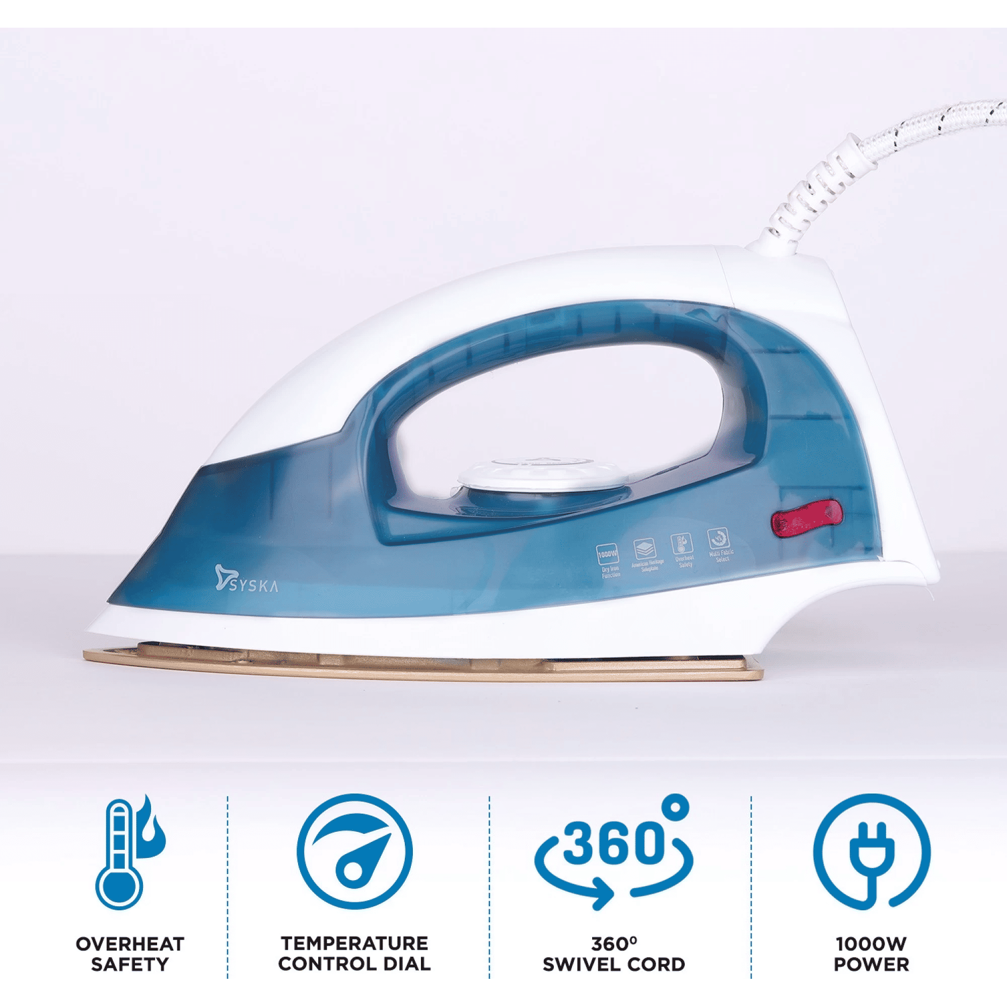 SYSKA Elara 1000 Watts Dry Iron (Non-Stick Golden Soleplate, SDI-200, Teal)_2