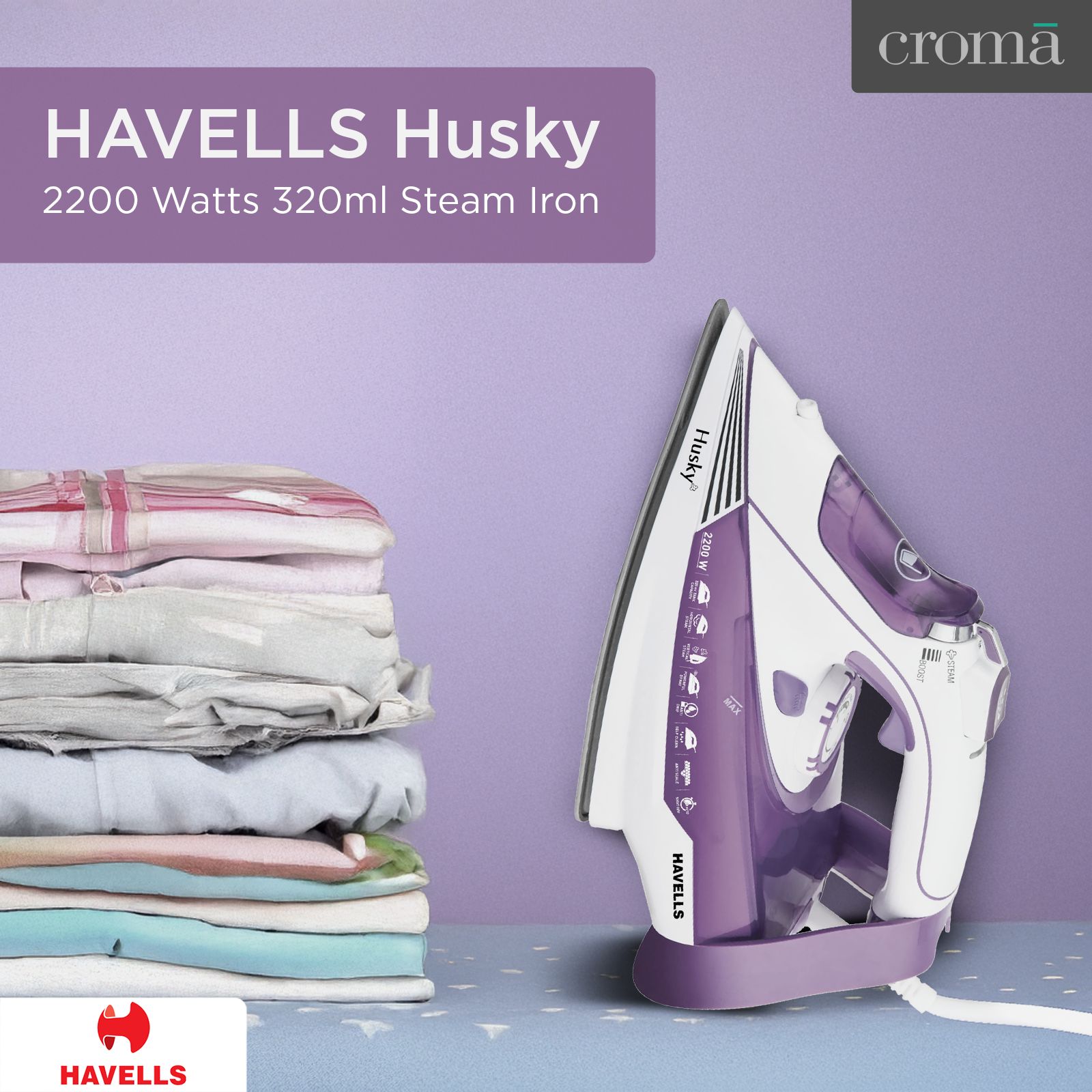 HAVELLS Husky 2200 Watts 320ml Steam Iron (Steam & Spray Burst, Purple) HAVELLS Husky 2200 Watts 320ml Steam Iron (Steam & Spray Burst, Purple)_2