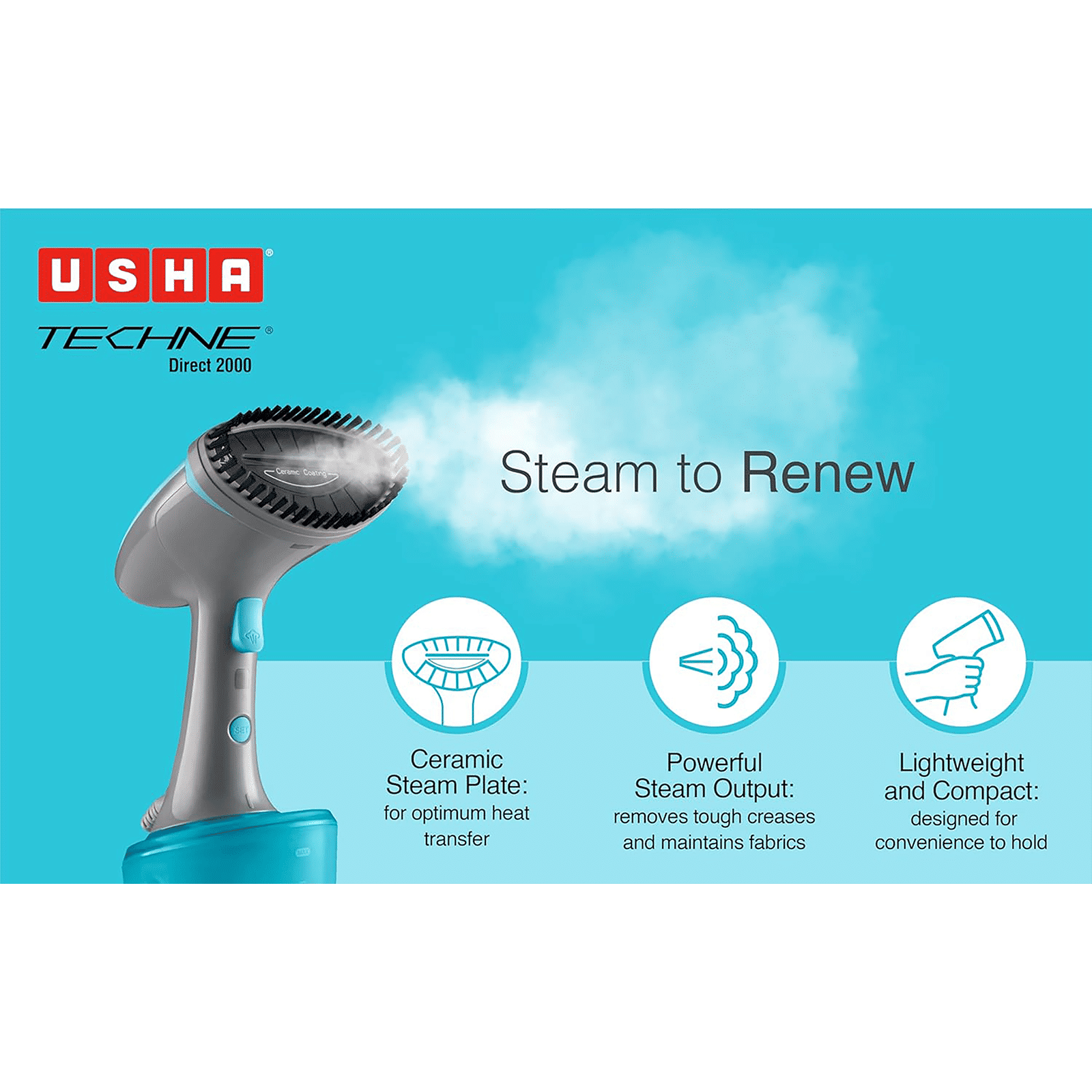 USHA Techne Direct 2000 1600 Watts Handheld Garment Steamer (320ml Water Tank, 2 Modes, Steam Burst, Blue)_5