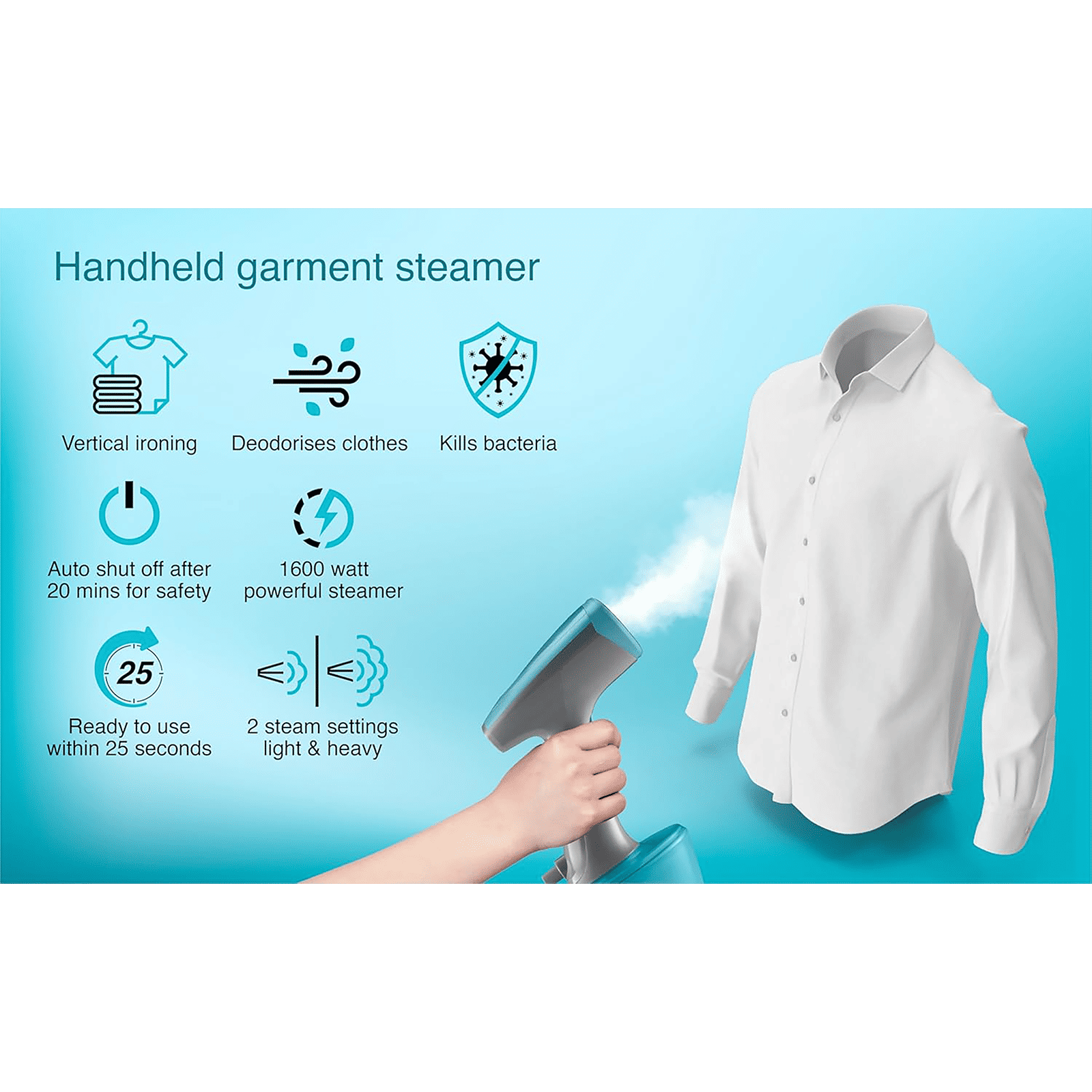 USHA Techne Direct 2000 1600 Watts Handheld Garment Steamer (320ml Water Tank, 2 Modes, Steam Burst, Blue)_6