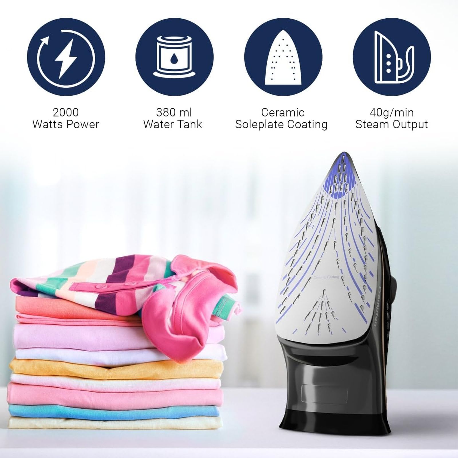 Crompton Fabrigenius 2000 Watts 380ml Steam Iron (6 Fabric Settings, Black)_3