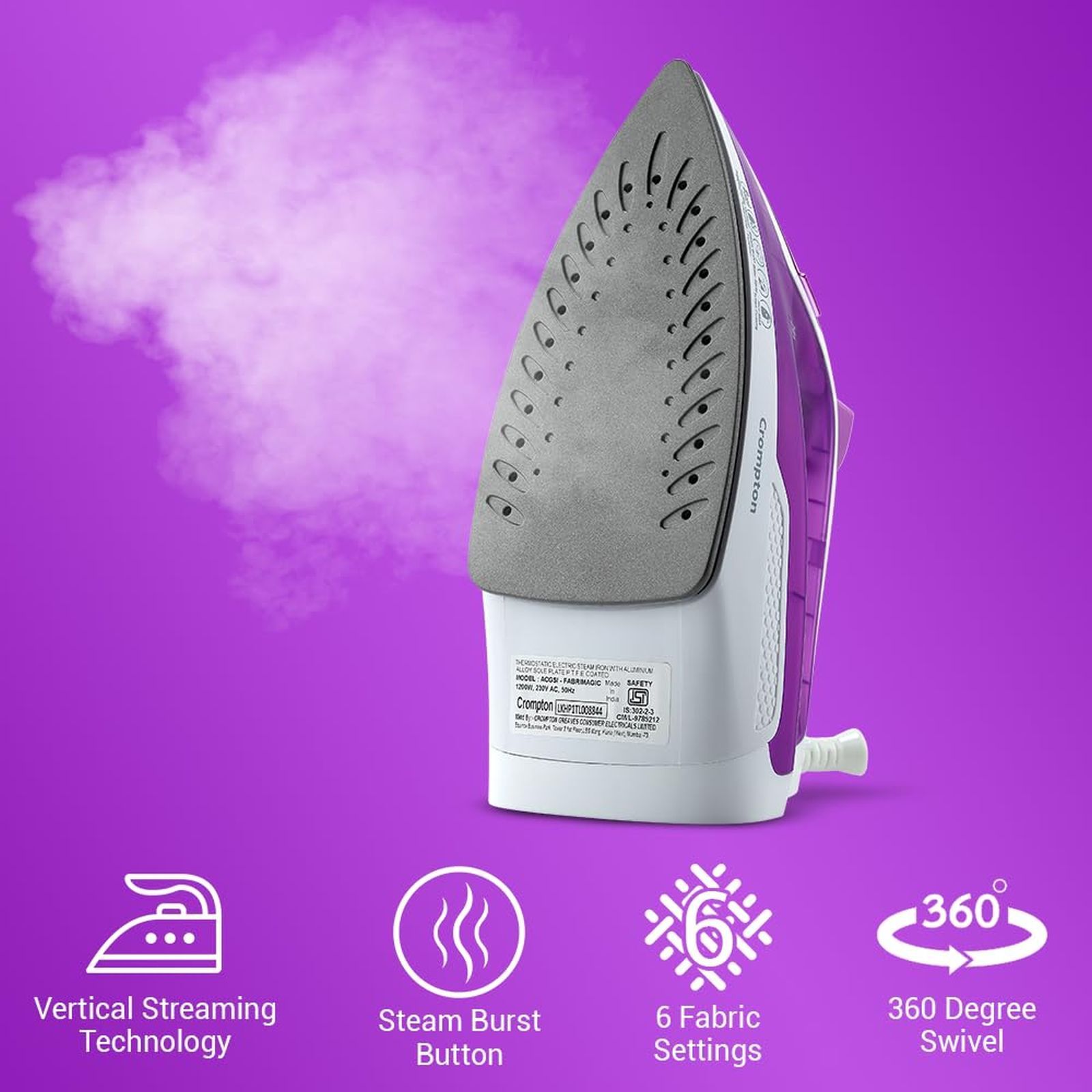 Crompton Fabrimagic Plus 1250 Watts 200ml Steam Iron (Anti-Drip Technology, Purple & White)_2