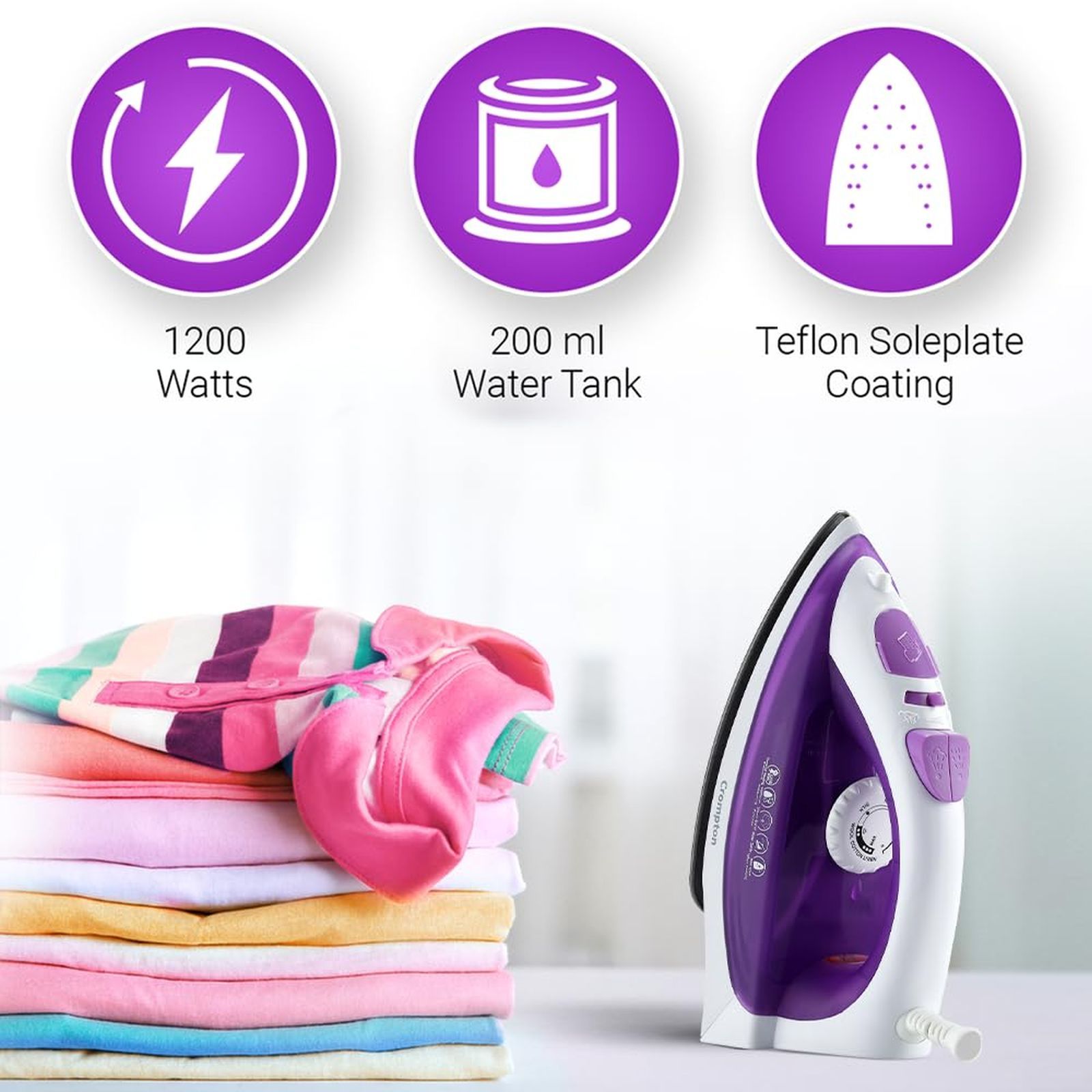 Crompton Fabrimagic Plus 1250 Watts 200ml Steam Iron (Anti-Drip Technology, Purple & White)_3