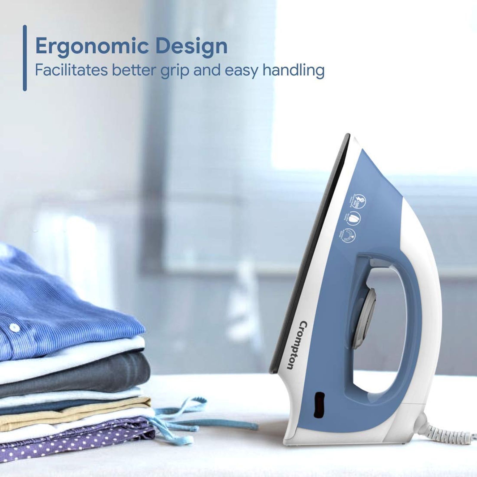 Crompton Brio 1000 Watts Dry Iron (6 Fabric Settings, Sky Blue & White)_6