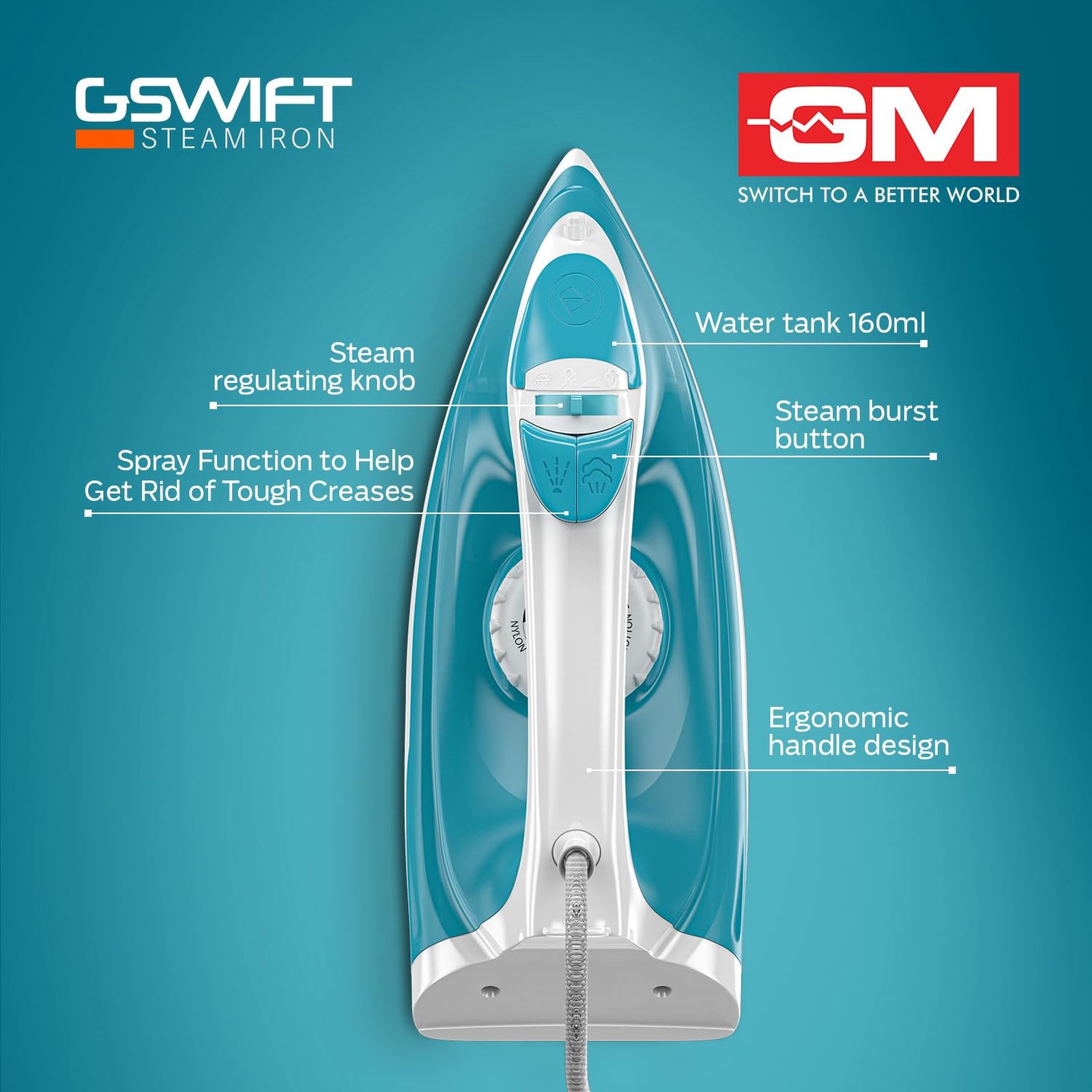 GM G-Swift 1250 Watts 160ml Steam Iron (Vertical Steam Ironing, Blue) GM G-Swift 1250 Watts 160ml Steam Iron (Vertical Steam Ironing, Blue)_3