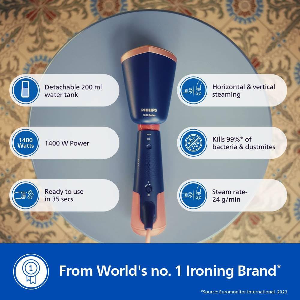 PHILIPS 5000 Series 1400 Watts Handheld Garment Steamer (200ml Water Tank, 2 Modes, Drip Stop, Marine Blue) PHILIPS 5000 Series 1400 Watts Handheld Garment Steamer (200ml Water Tank, 2 Modes, Drip Stop, Marine Blue)_9