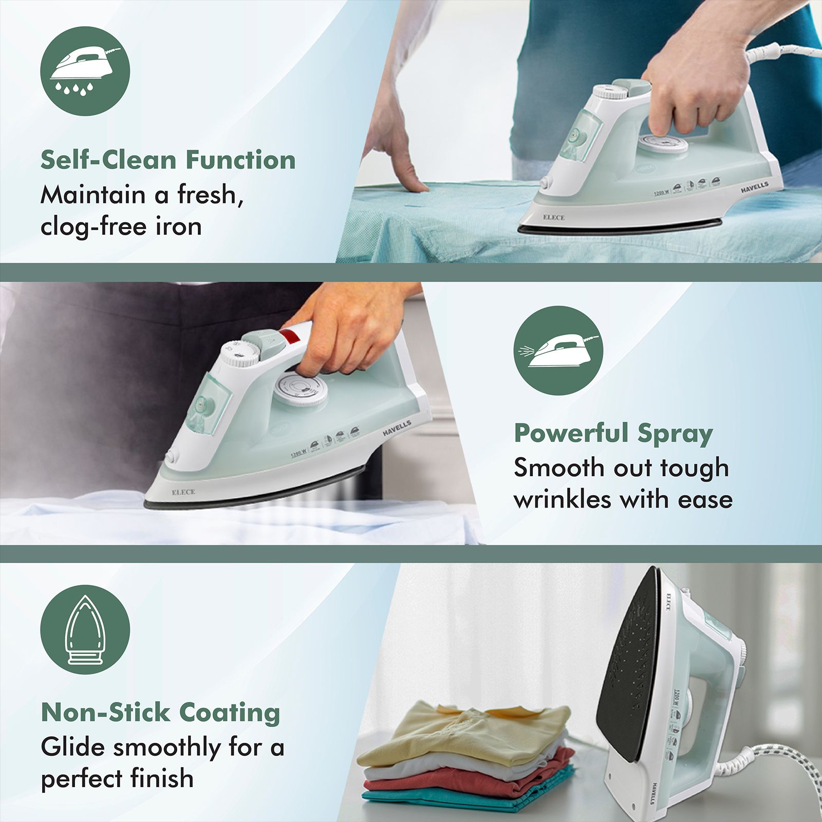 HAVELLS Elece 1200 Watts 170ml Steam Iron (Vertical & Horizontal Steam, Pista Green) HAVELLS Elece 1200 Watts 170ml Steam Iron (Vertical & Horizontal Steam, Pista Green)_12