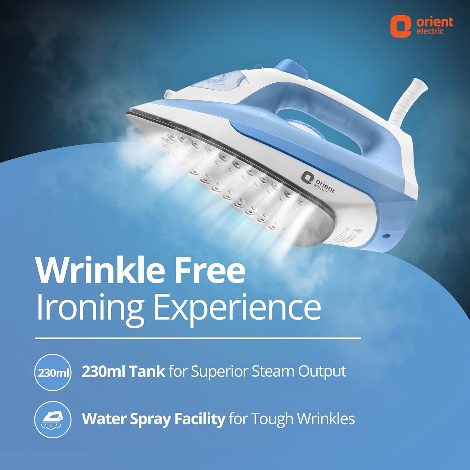 Orient FabriFeel 1600 Watts 230ml Steam Iron (Temperature Control, White & Blue) Orient FabriFeel 1600 Watts 230ml Steam Iron (Temperature Control, White & Blue)_7