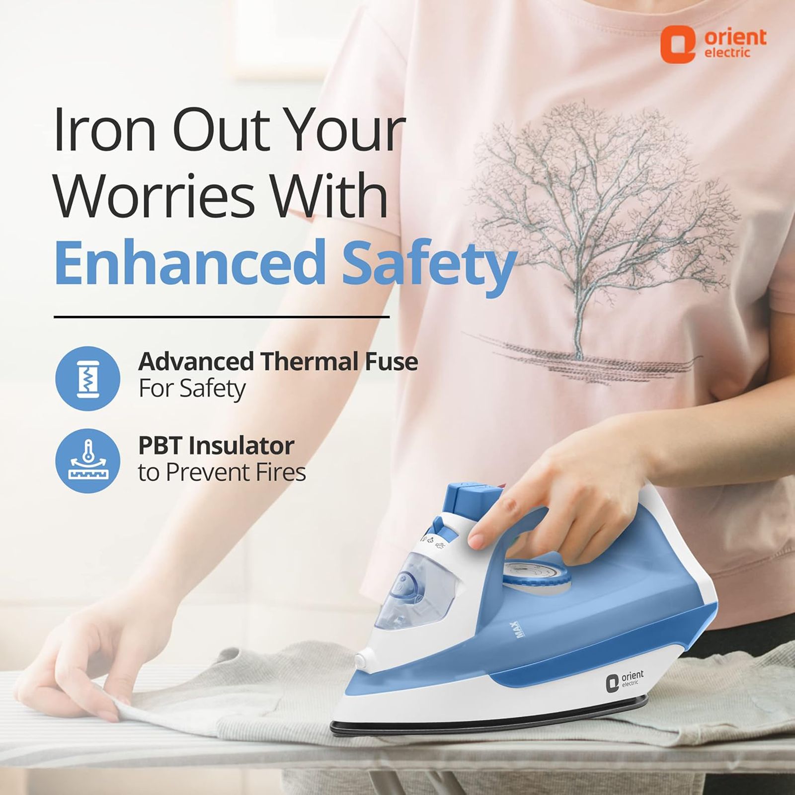 Orient FabriFeel 1600 Watts 230ml Steam Iron (Temperature Control, White & Blue) Orient FabriFeel 1600 Watts 230ml Steam Iron (Temperature Control, White & Blue)_9