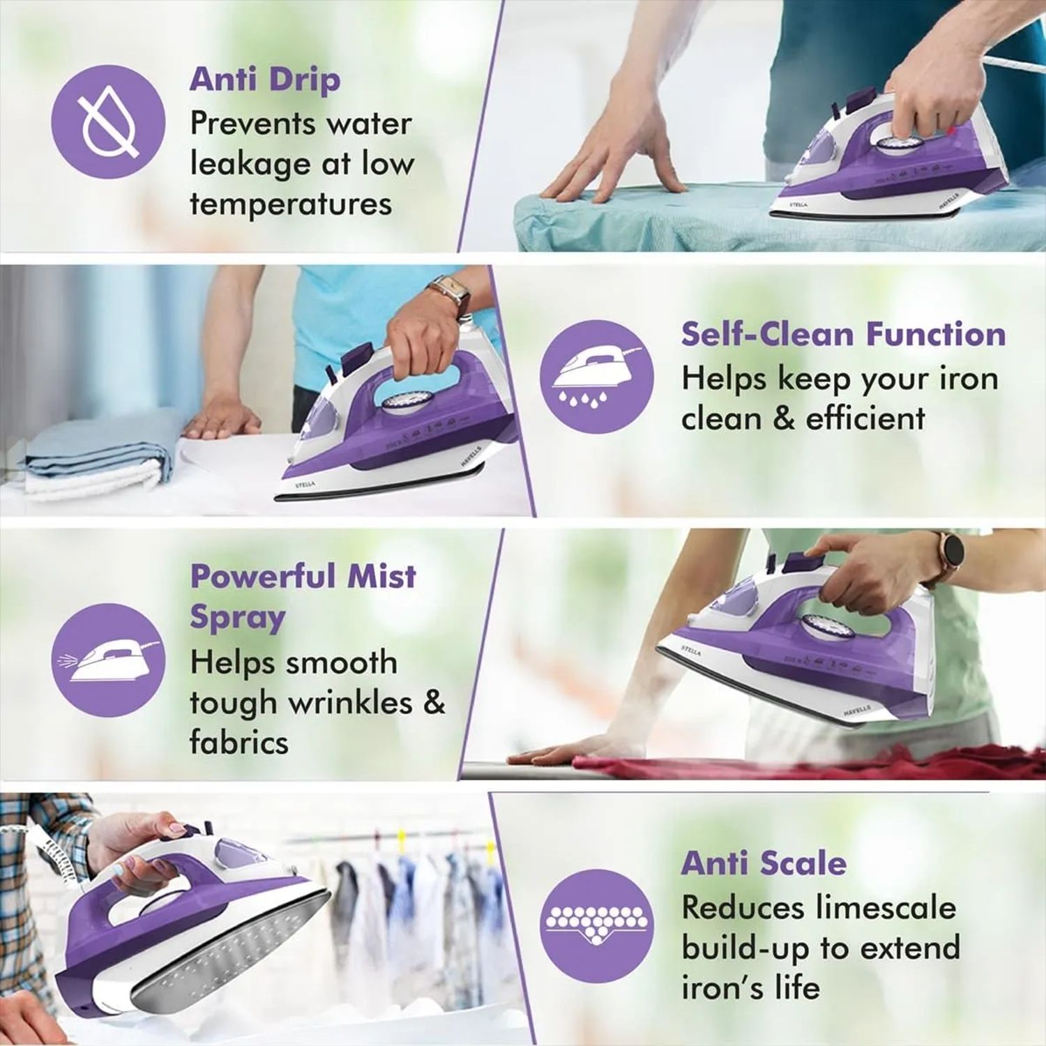 HAVELLS Stella 2000 Watts 220ml Steam Iron (Vertical & Horizontal Steam Burst, Purple) HAVELLS Stella 2000 Watts 220ml Steam Iron (Vertical & Horizontal Steam Burst, Purple)_8