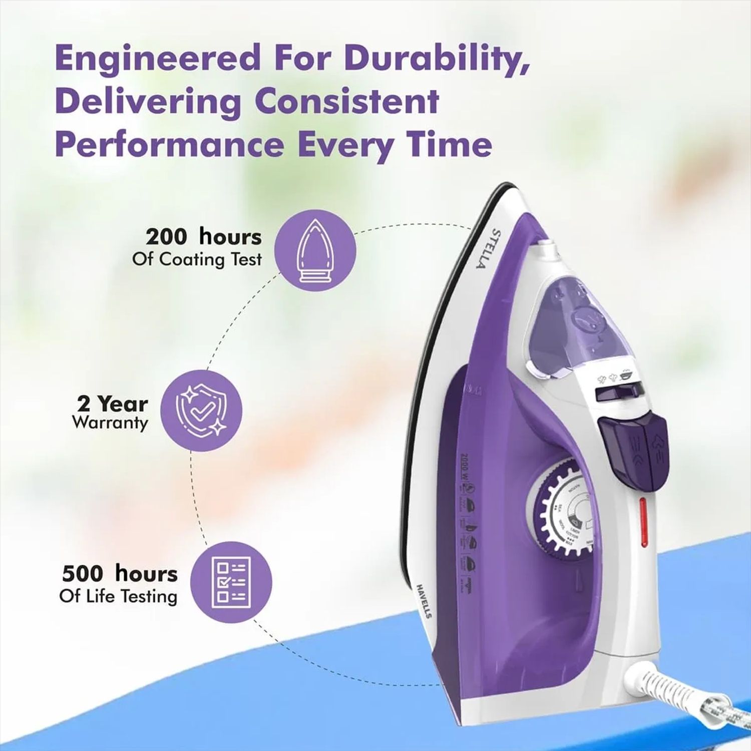 HAVELLS Stella 2000 Watts 220ml Steam Iron (Vertical & Horizontal Steam Burst, Purple) HAVELLS Stella 2000 Watts 220ml Steam Iron (Vertical & Horizontal Steam Burst, Purple)_10
