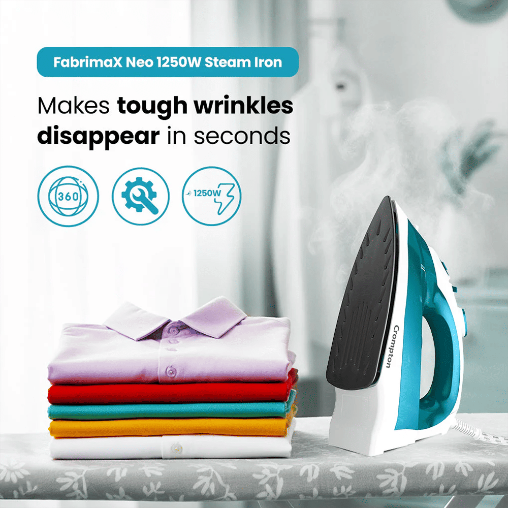 Crompton FabriMax Neo 1250 Watts 200ml Steam Iron (6 Fabric Settings, White & Teal) Crompton FabriMax Neo 1250 Watts 200ml Steam Iron (6 Fabric Settings, White & Teal)_7