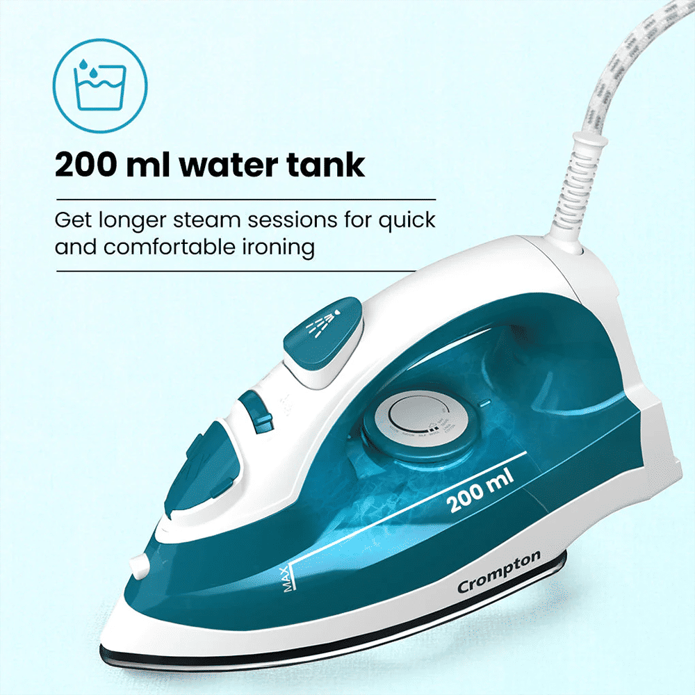 Crompton FabriMax Neo 1250 Watts 200ml Steam Iron (6 Fabric Settings, White & Teal) Crompton FabriMax Neo 1250 Watts 200ml Steam Iron (6 Fabric Settings, White & Teal)_8