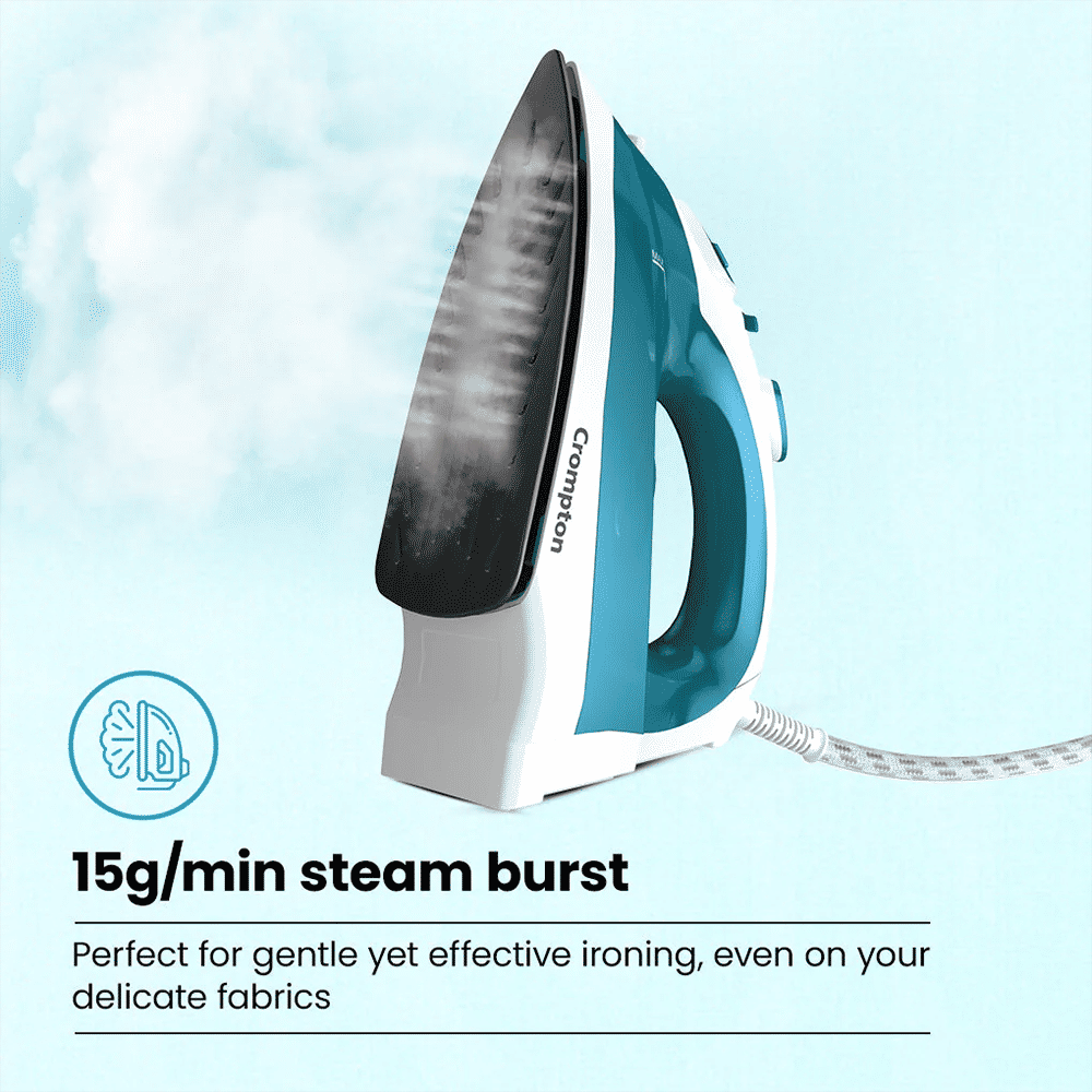Crompton FabriMax Neo 1250 Watts 200ml Steam Iron (6 Fabric Settings, White & Teal) Crompton FabriMax Neo 1250 Watts 200ml Steam Iron (6 Fabric Settings, White & Teal)_9