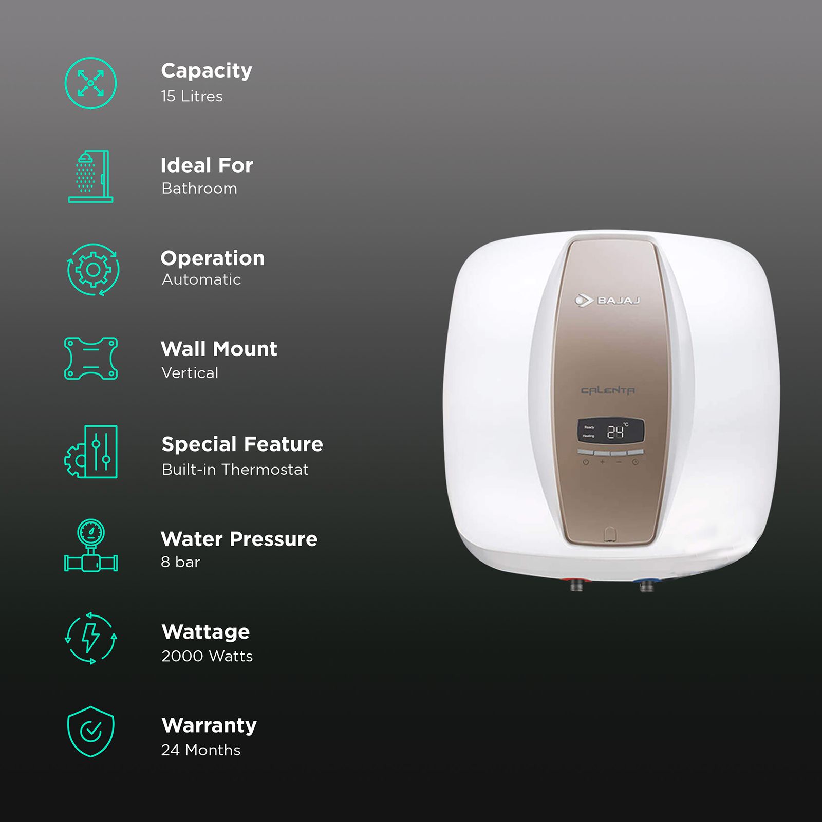 BAJAJ Calenta Digi 15 Litre 5 Star Vertical Storage Geyser with Titanium Armour Technology (White)_3