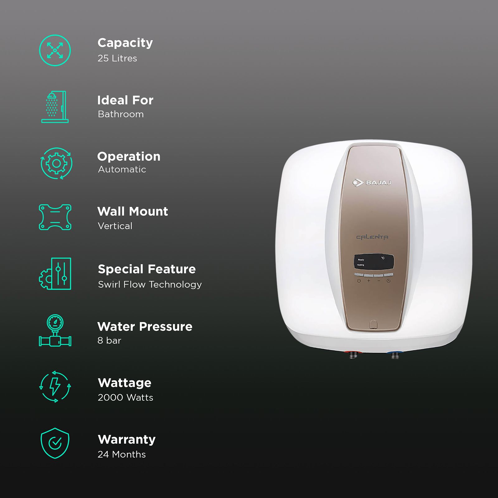 BAJAJ Calenta Digi 25 Litre 5 Star Vertical Storage Geyser with Titanium Armour Technology (White) BAJAJ Calenta Digi 25 Litre 5 Star Vertical Storage Geyser with Titanium Armour Technology (White)_3
