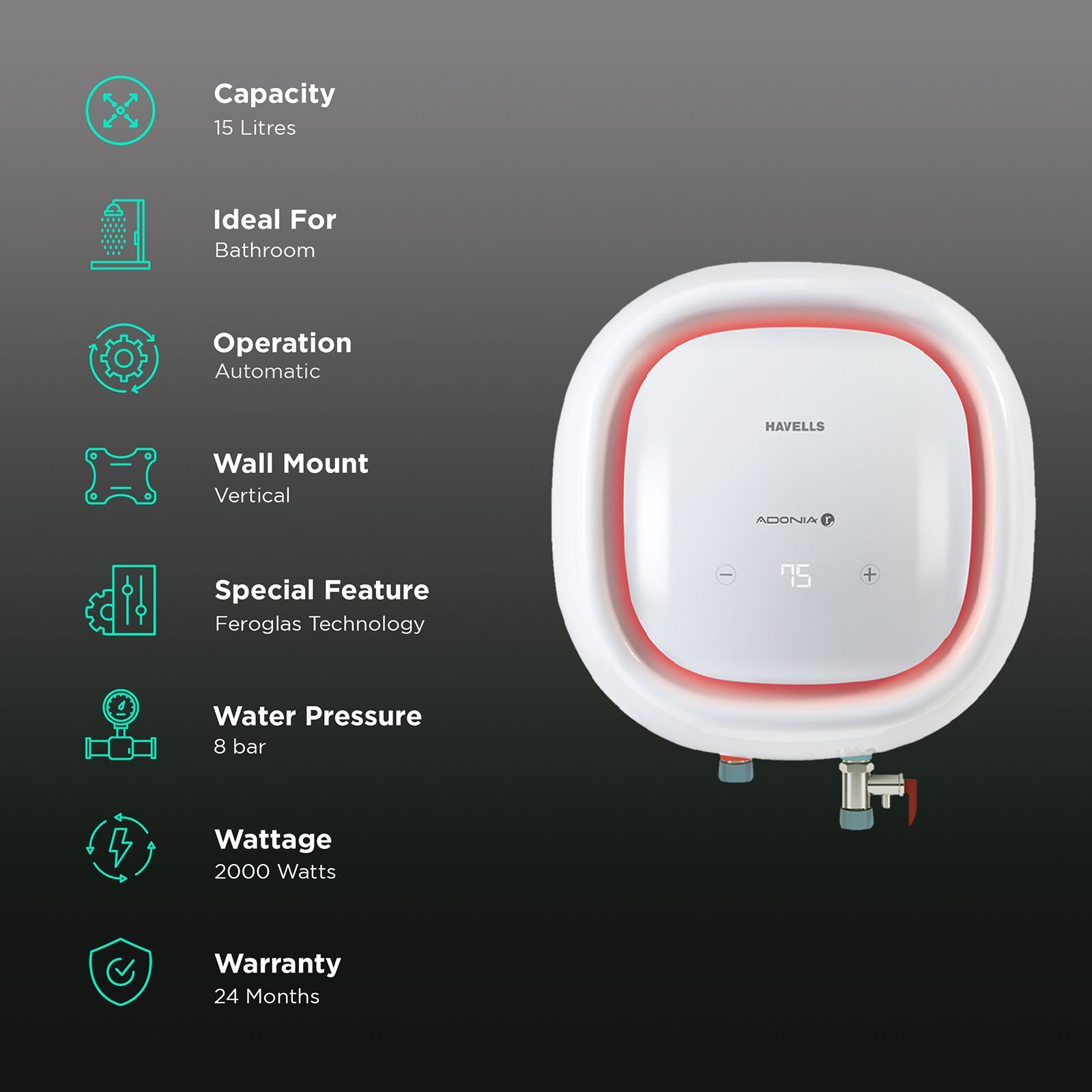 HAVELLS Adonia R 15 Litre 5 Star Vertical Storage Geyser with Whirl Flow Technology (White) HAVELLS Adonia R 15 Litre 5 Star Vertical Storage Geyser with Whirl Flow Technology (White)_3