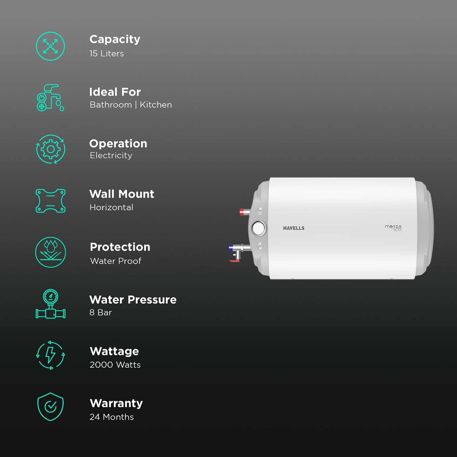 HAVELLS Monza Slim 15 Litres 4 Star Horizontal Storage Water Geyser with Hidden LED Display (White) HAVELLS Monza Slim 15 Litres 4 Star Horizontal Storage Water Geyser with Hidden LED Display (White)_3