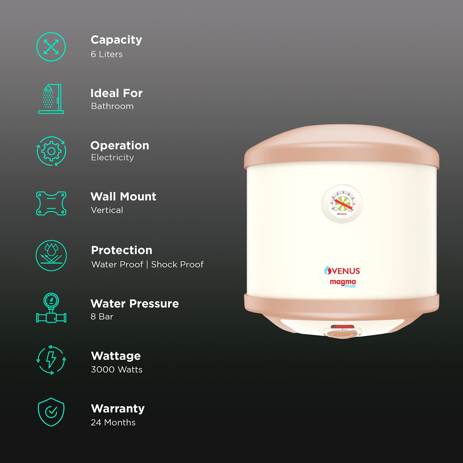 VENUS Magma Plus 6 Litres Storage Water Heater (3000 Watts, 6GV, Ivory)_3
