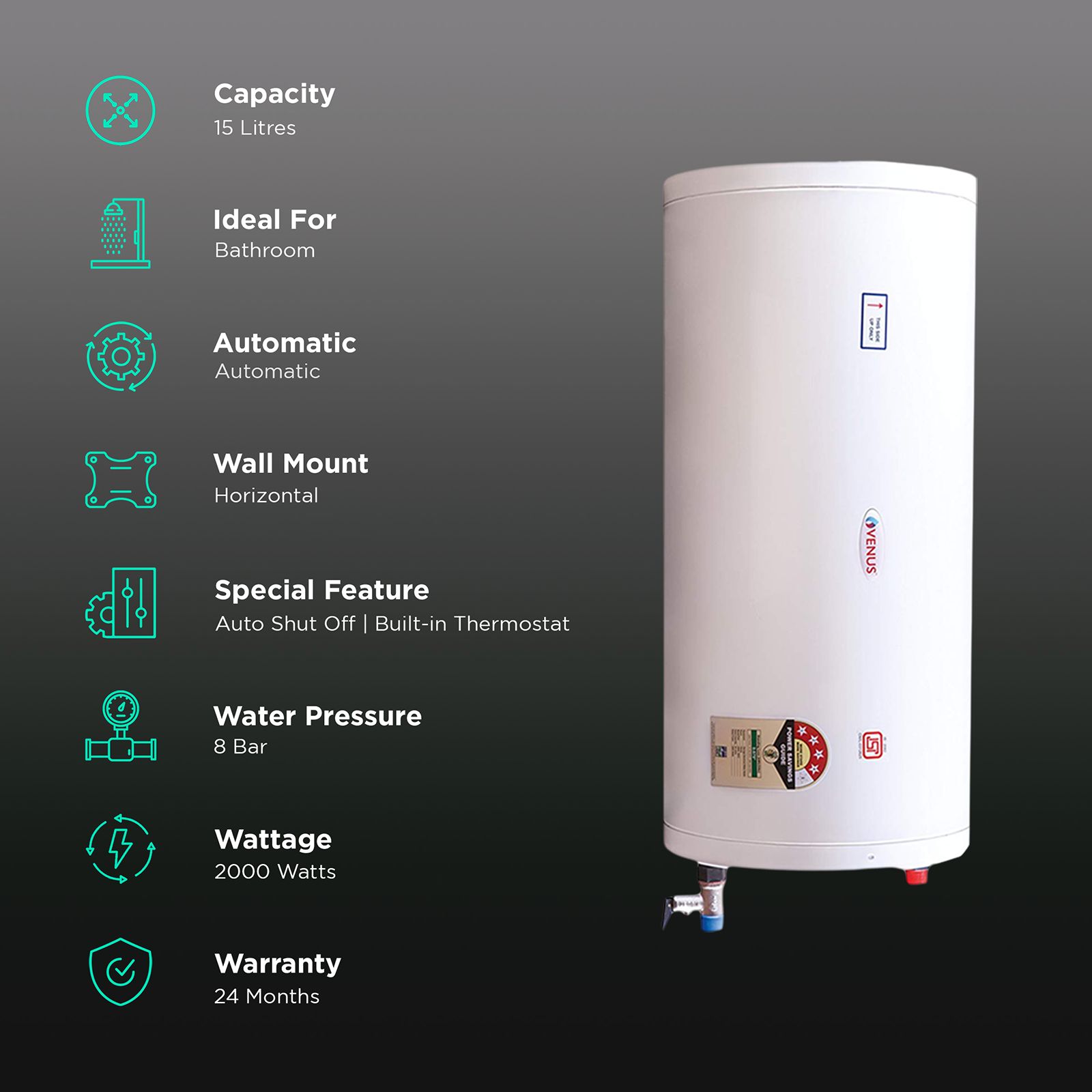 VENUS Slim 15 Litre 3 Star Horizontal Storage Geyser with Automated Plant European Technology (White) VENUS Slim 15 Litre 3 Star Horizontal Storage Geyser with Automated Plant European Technology (White)_3