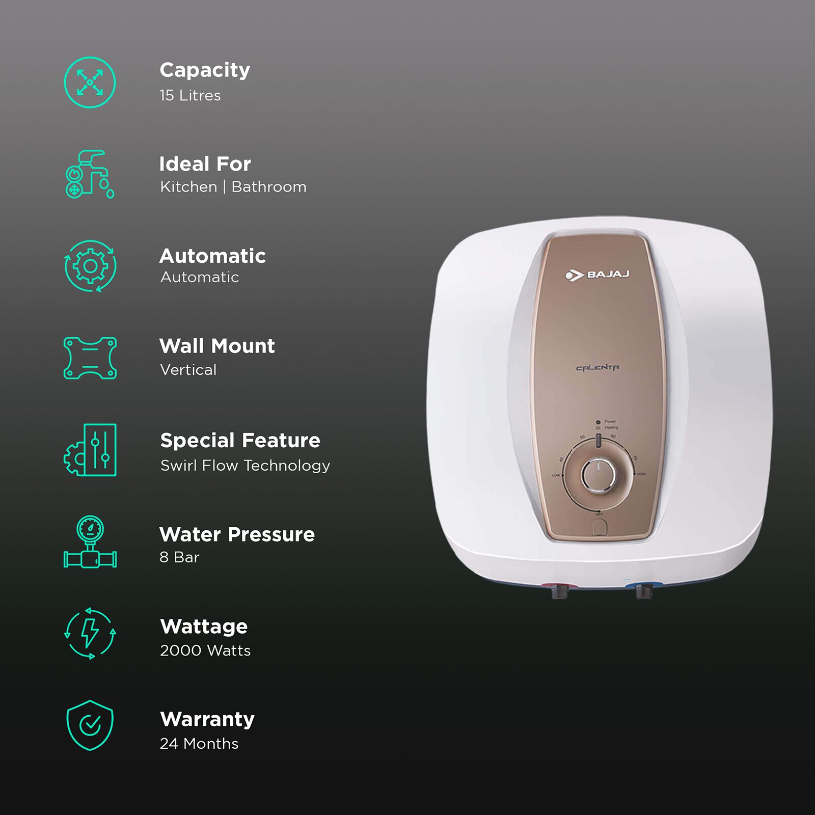 BAJAJ Calenta Mechanical 15 Litre 4 Star Vertical Storage Geyser with Titanium Armour Technology (White) BAJAJ Calenta Mechanical 15 Litre 4 Star Vertical Storage Geyser with Titanium Armour Technology (White)_3