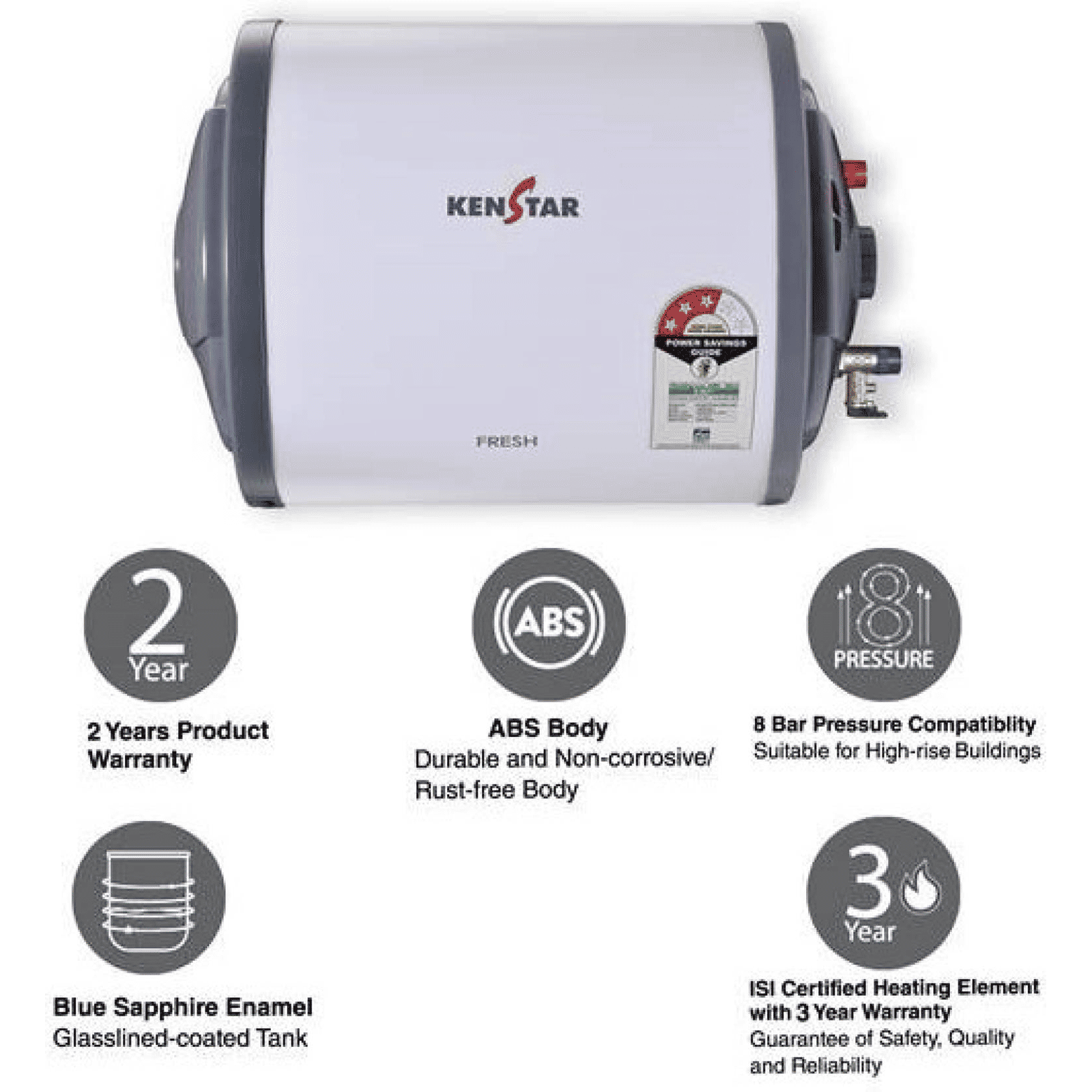KENSTAR Fresh 10 Litres 3 Star Horizontal Storage Water Geyser with Built-in Thermostat (White/Grey)_6