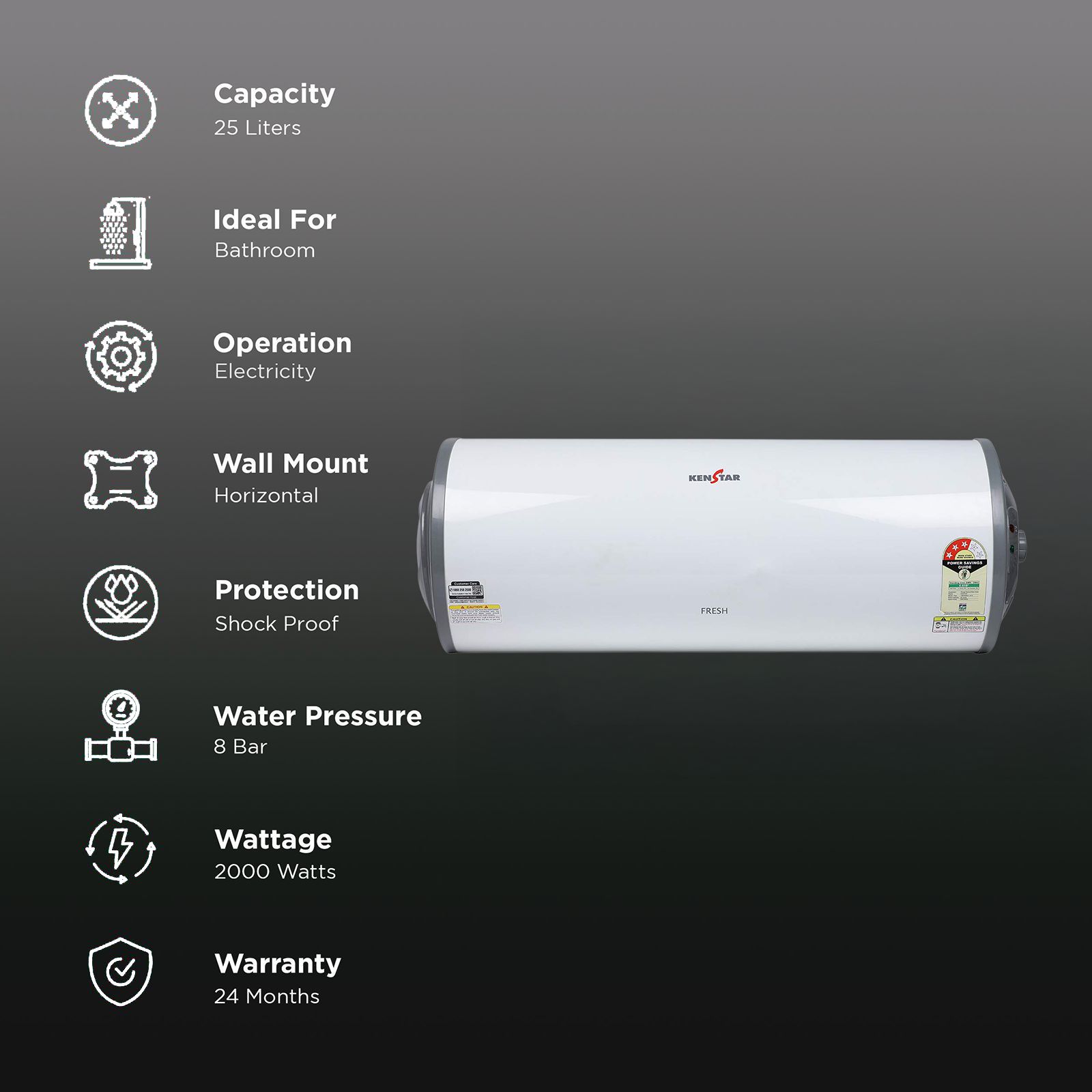 KENSTAR Fresh 25 Litres 3 Star Horizontal Storage Water Geyser with Pressure Release Valve (White/Grey) KENSTAR Fresh 25 Litres 3 Star Horizontal Storage Water Geyser with Pressure Release Valve (White/Grey)_3